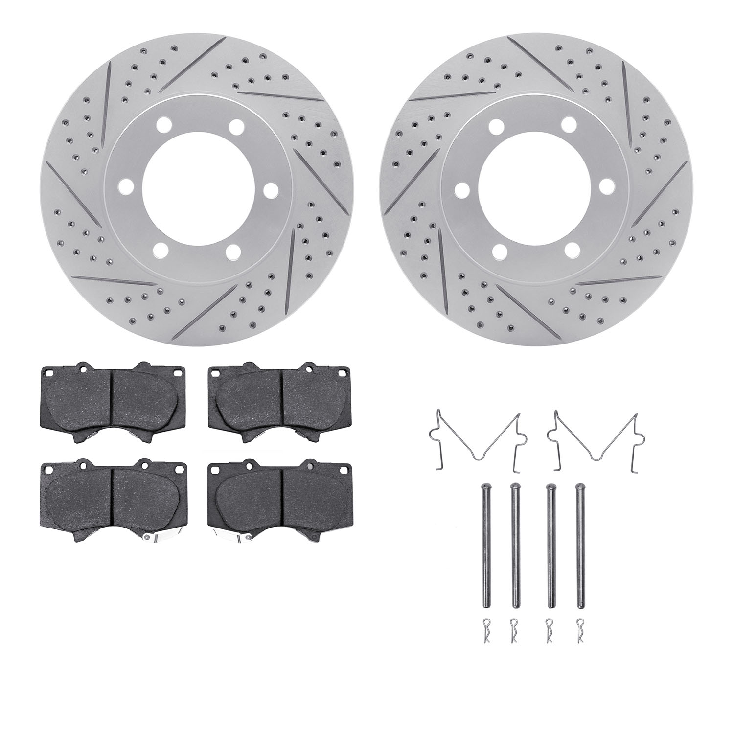 2212-76002 Geoperformance Drilled/Slotted Rotors w/Heavy-Duty Pads Kit & Hardware, 2000-2007 Lexus/Toyota/Scion, Position: Front