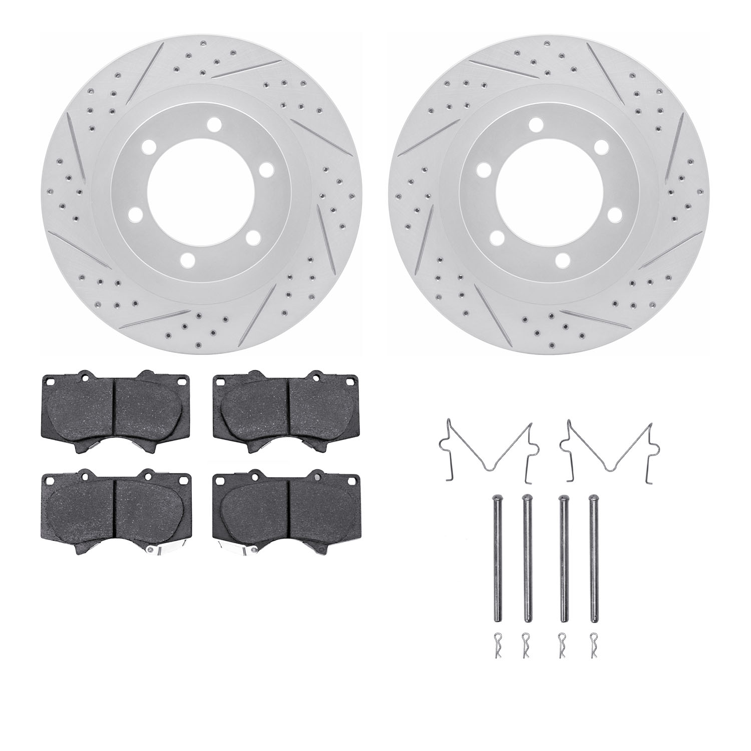2212-76003 Geoperformance Drilled/Slotted Rotors w/Heavy-Duty Pads Kit & Hardware, 2003-2009 Lexus/Toyota/Scion, Position: Front