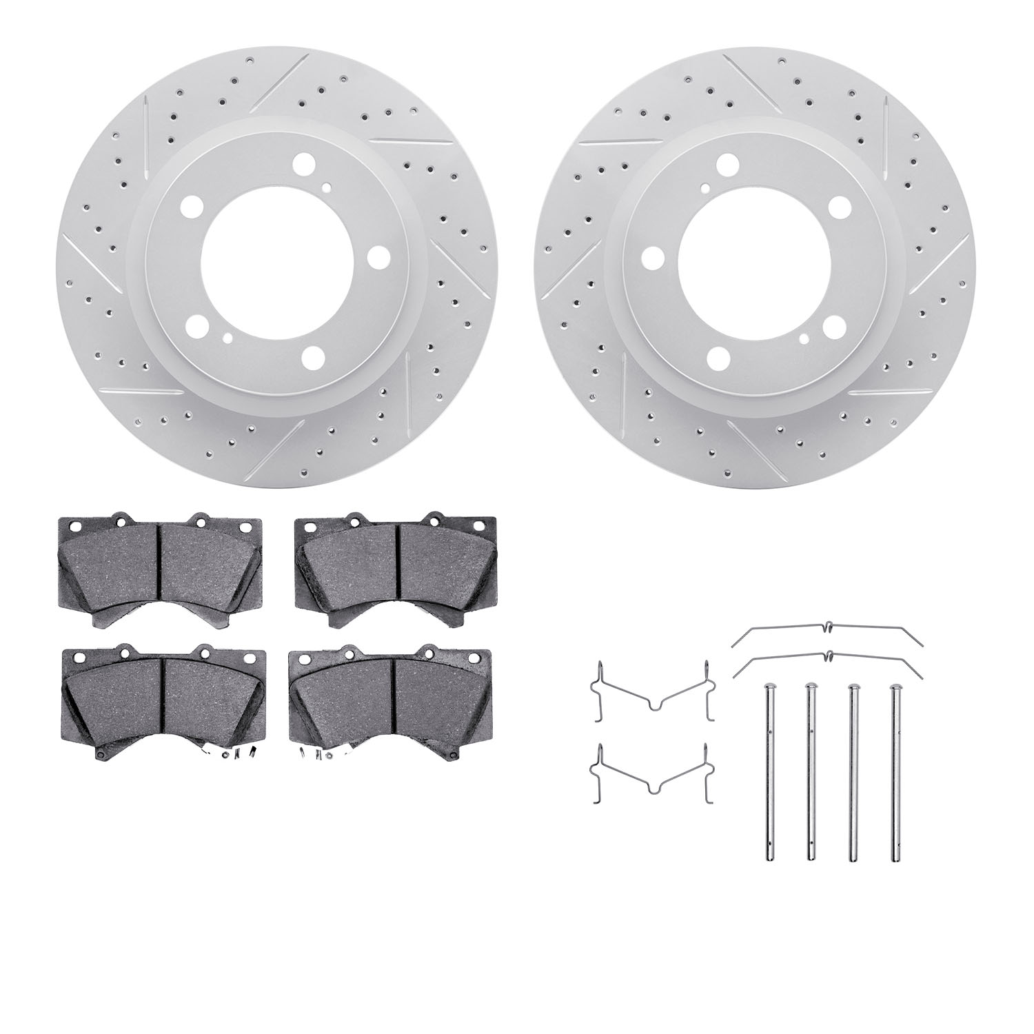 2212-76007 Geoperformance Drilled/Slotted Rotors w/Heavy-Duty Pads Kit & Hardware, 2008-2021 Lexus/Toyota/Scion, Position: Front