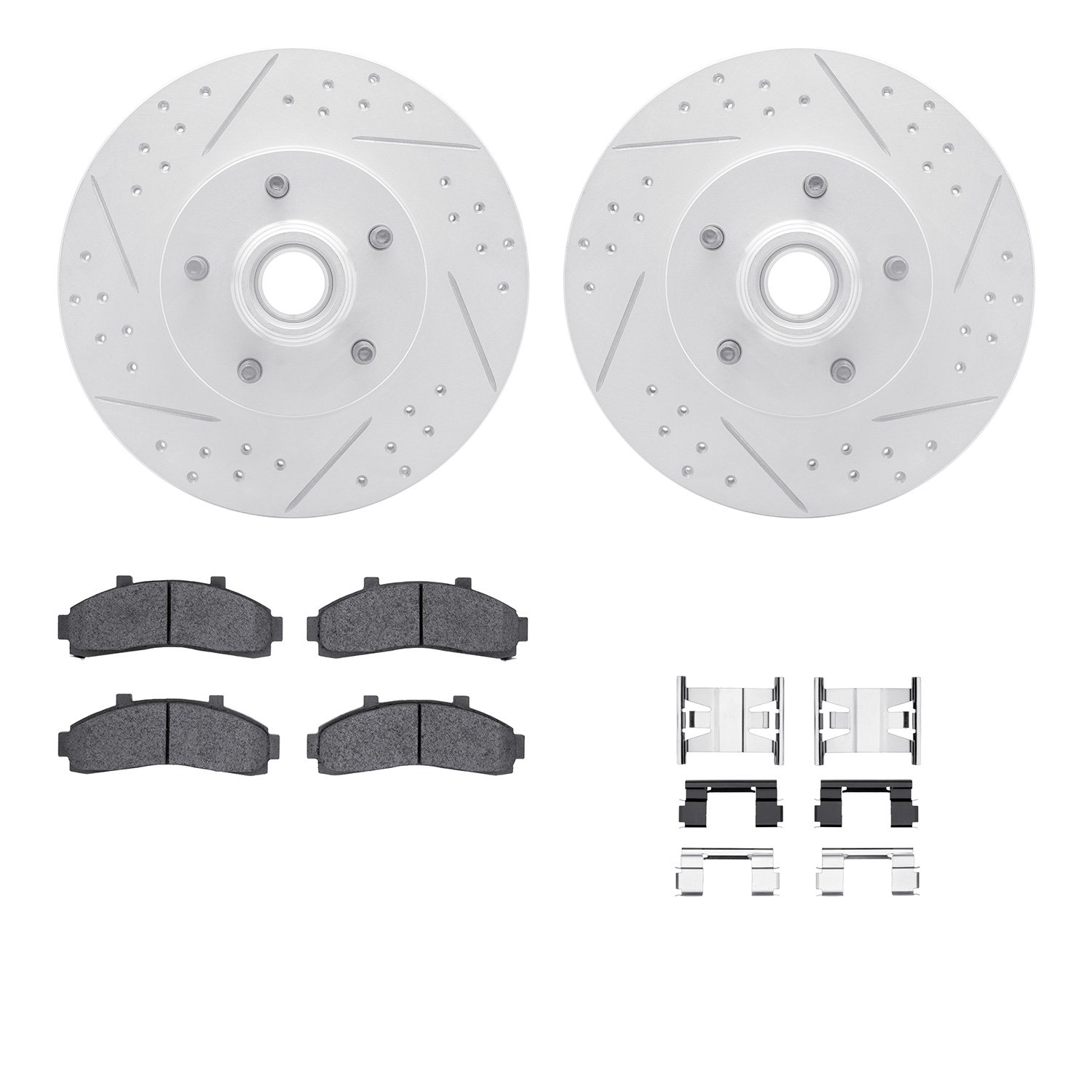 2212-99085 Geoperformance Drilled/Slotted Rotors w/Heavy-Duty Pads Kit & Hardware, 1995-2002 Ford/Lincoln/Mercury/Mazda, Positio