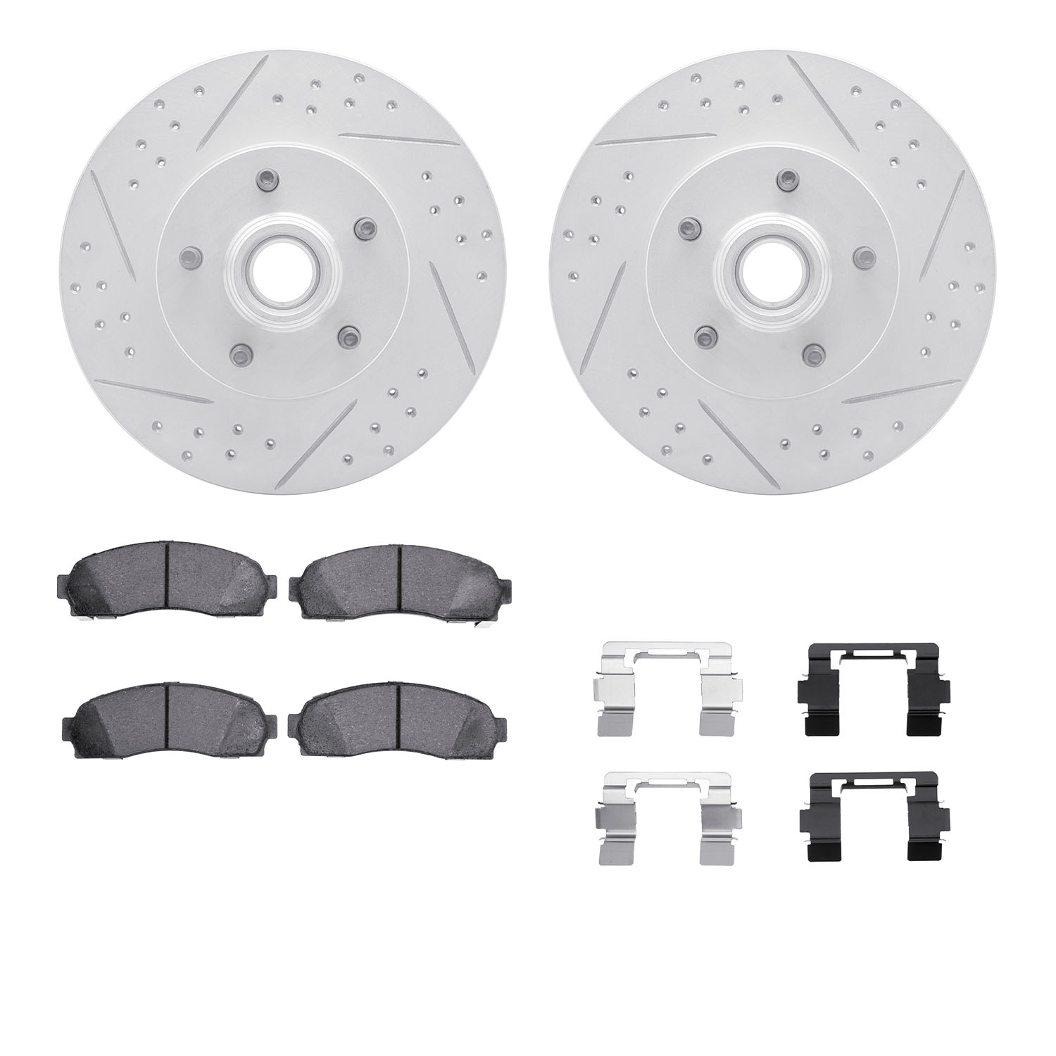 2212-99086 Geoperformance Drilled/Slotted Rotors w/Heavy-Duty Pads Kit & Hardware, 2003-2011 Ford/Lincoln/Mercury/Mazda, Positio