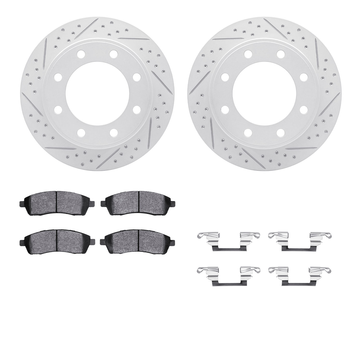 2212-99105 Geoperformance Drilled/Slotted Rotors w/Heavy-Duty Pads Kit & Hardware, 1999-2005 Ford/Lincoln/Mercury/Mazda, Positio