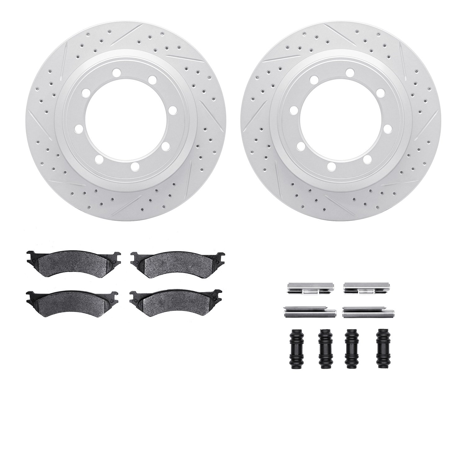 2212-99111 Geoperformance Drilled/Slotted Rotors w/Heavy-Duty Pads Kit & Hardware, 1999-2007 Ford/Lincoln/Mercury/Mazda, Positio