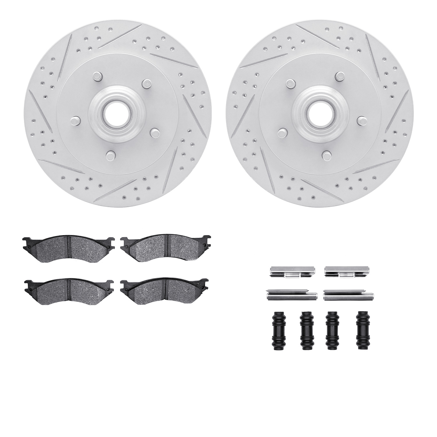 2212-99114 Geoperformance Drilled/Slotted Rotors w/Heavy-Duty Pads Kit & Hardware, 1999-2004 Ford/Lincoln/Mercury/Mazda, Positio