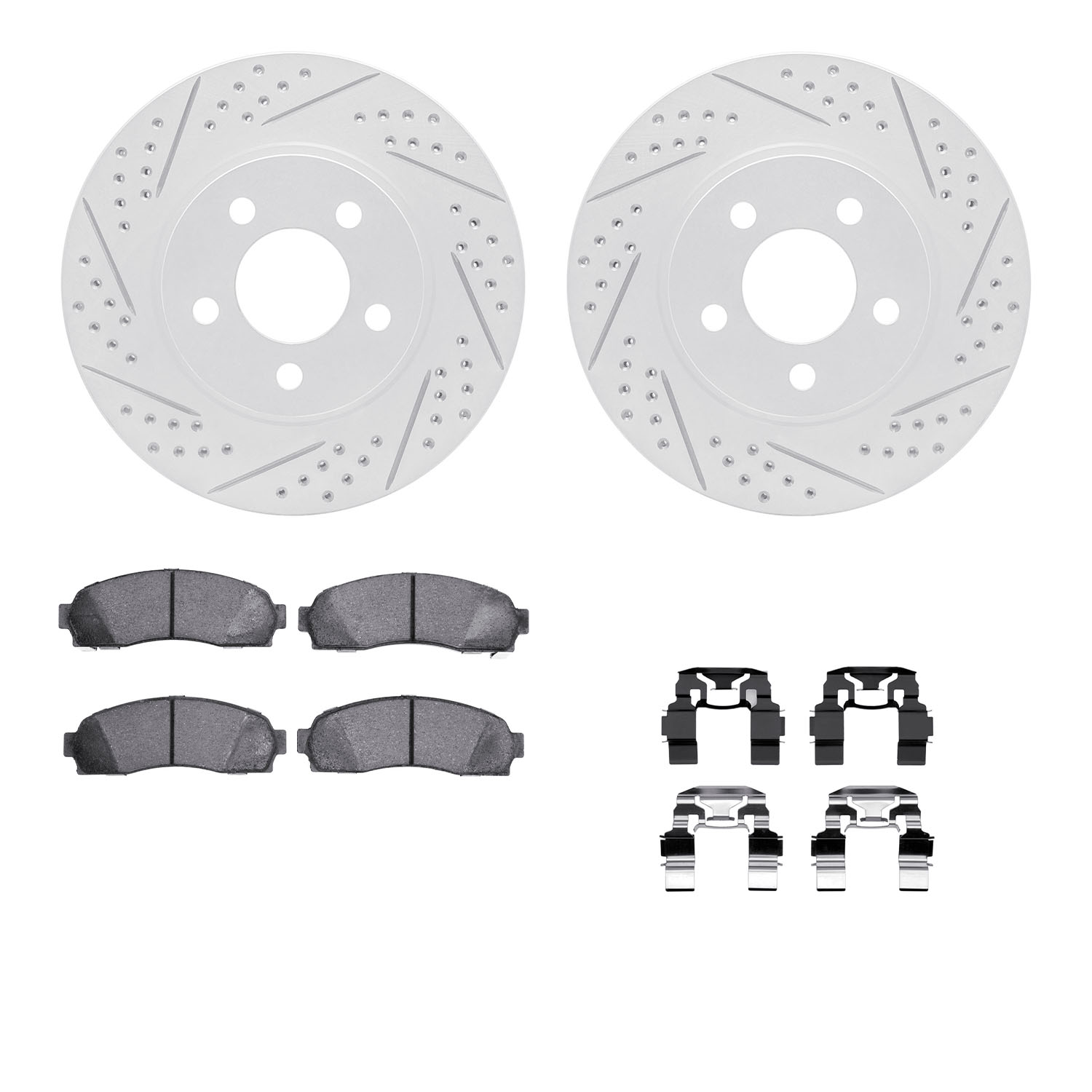 2212-99115 Geoperformance Drilled/Slotted Rotors w/Heavy-Duty Pads Kit & Hardware, 2001-2005 Ford/Lincoln/Mercury/Mazda, Positio