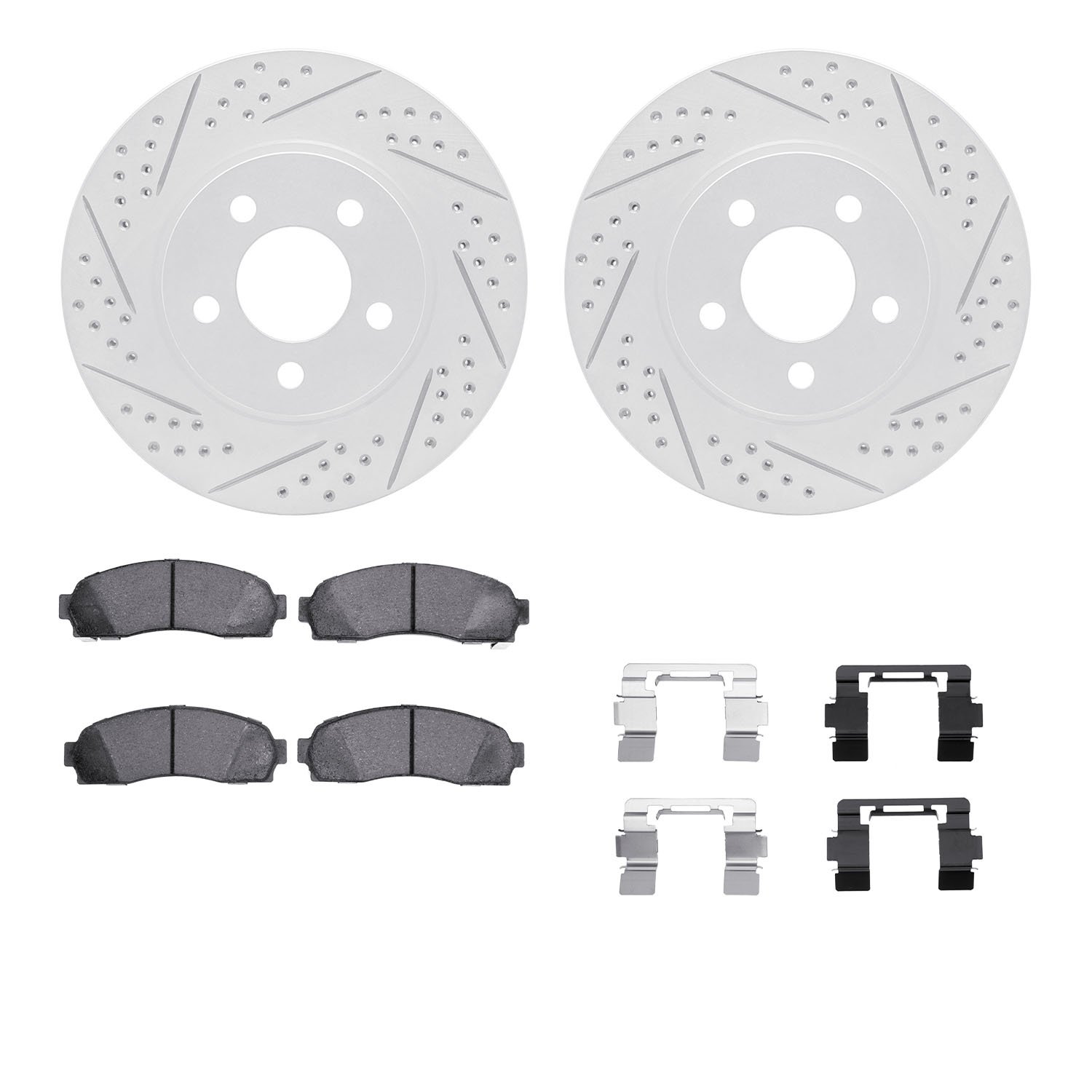 2212-99117 Geoperformance Drilled/Slotted Rotors w/Heavy-Duty Pads Kit & Hardware, 2003-2011 Ford/Lincoln/Mercury/Mazda, Positio