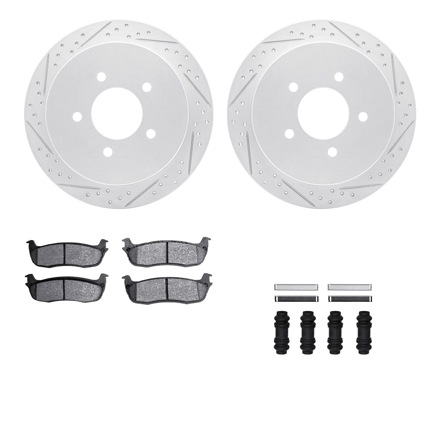 2212-99121 Geoperformance Drilled/Slotted Rotors w/Heavy-Duty Pads Kit & Hardware, 1997-2004 Ford/Lincoln/Mercury/Mazda, Positio