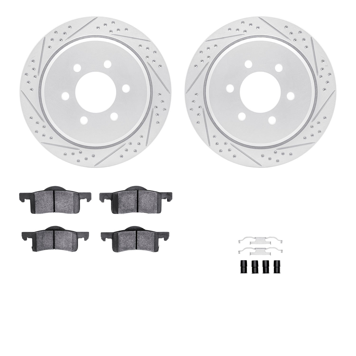 2212-99133 Geoperformance Drilled/Slotted Rotors w/Heavy-Duty Pads Kit & Hardware, 2002-2006 Ford/Lincoln/Mercury/Mazda, Positio
