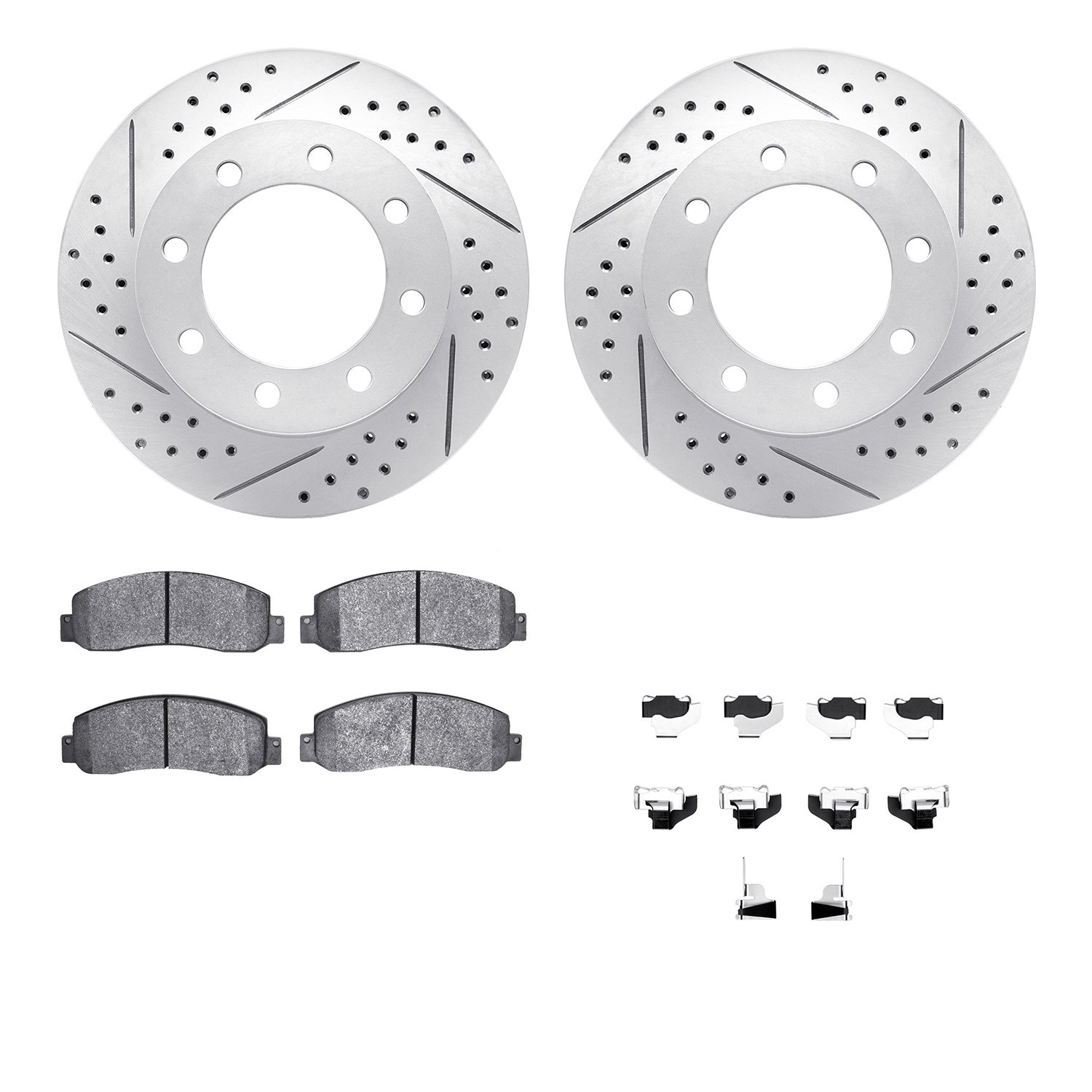 2212-99152 Geoperformance Drilled/Slotted Rotors w/Heavy-Duty Pads Kit & Hardware, 2005-2011 Ford/Lincoln/Mercury/Mazda, Positio