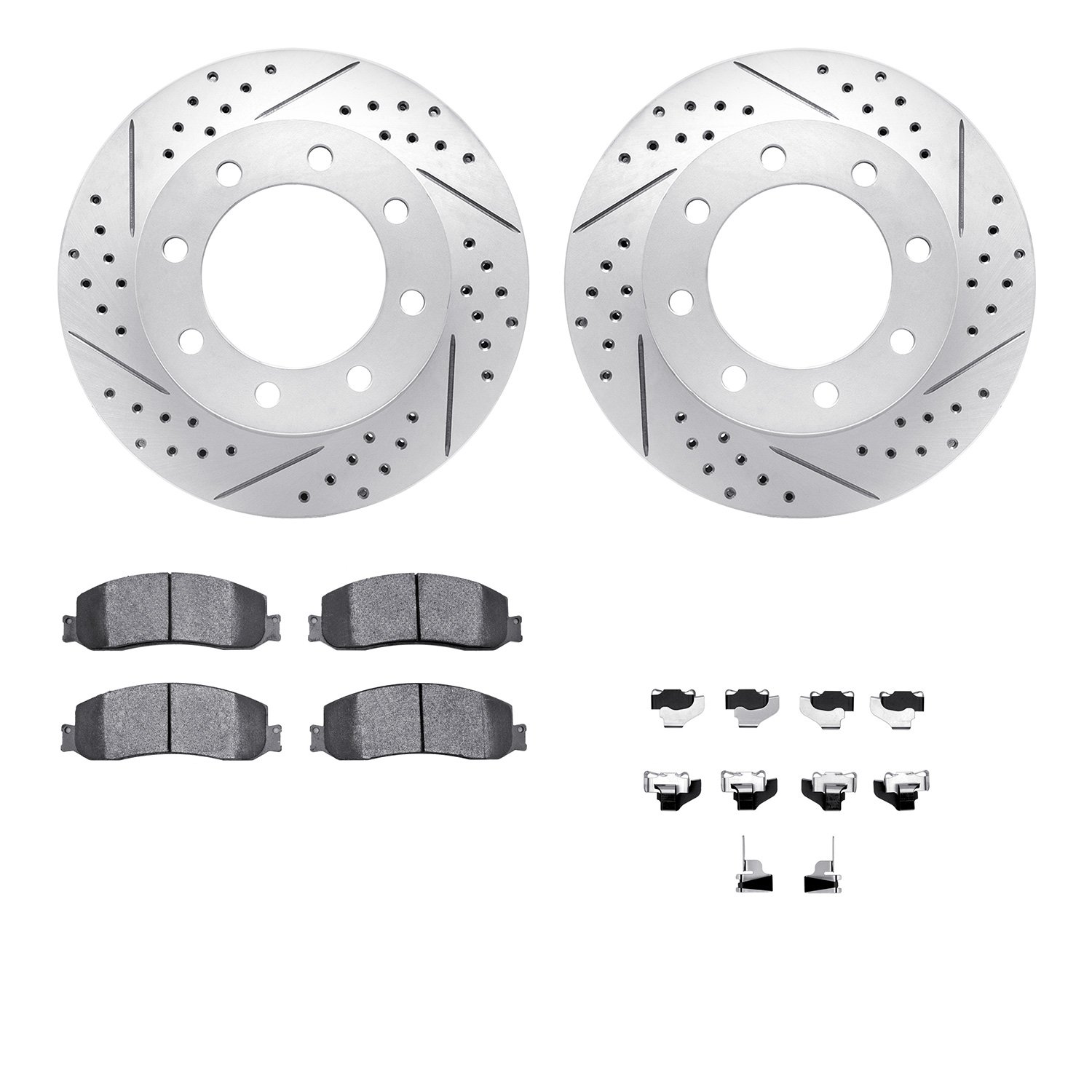 2212-99153 Geoperformance Drilled/Slotted Rotors w/Heavy-Duty Pads Kit & Hardware, 2010-2012 Ford/Lincoln/Mercury/Mazda, Positio