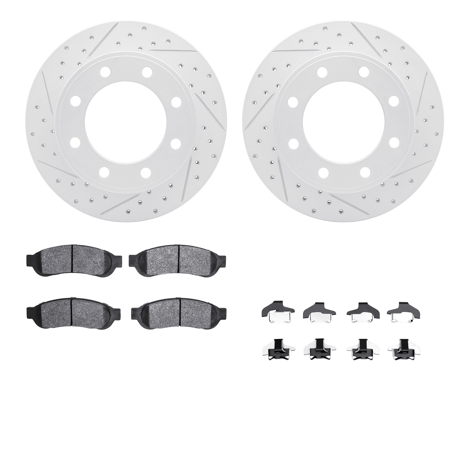 2212-99154 Geoperformance Drilled/Slotted Rotors w/Heavy-Duty Pads Kit & Hardware, 2006-2010 Ford/Lincoln/Mercury/Mazda, Positio