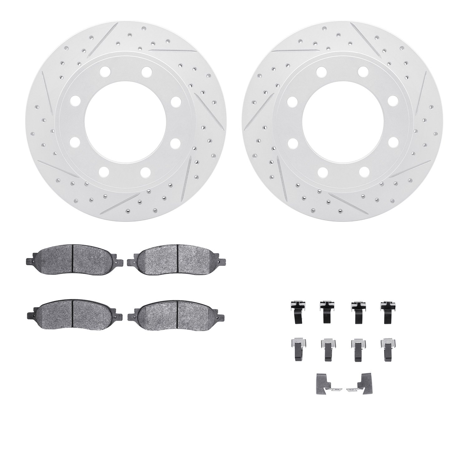 2212-99155 Geoperformance Drilled/Slotted Rotors w/Heavy-Duty Pads Kit & Hardware, 2005-2007 Ford/Lincoln/Mercury/Mazda, Positio