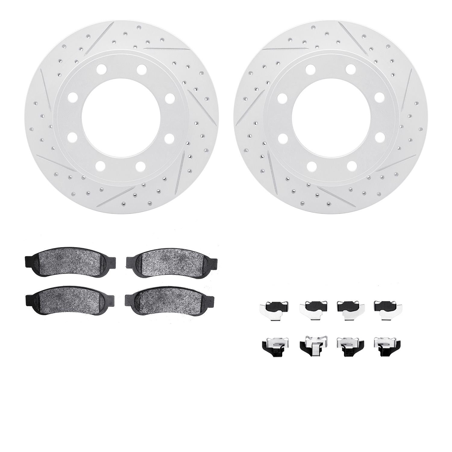 2212-99156 Geoperformance Drilled/Slotted Rotors w/Heavy-Duty Pads Kit & Hardware, 2010-2012 Ford/Lincoln/Mercury/Mazda, Positio