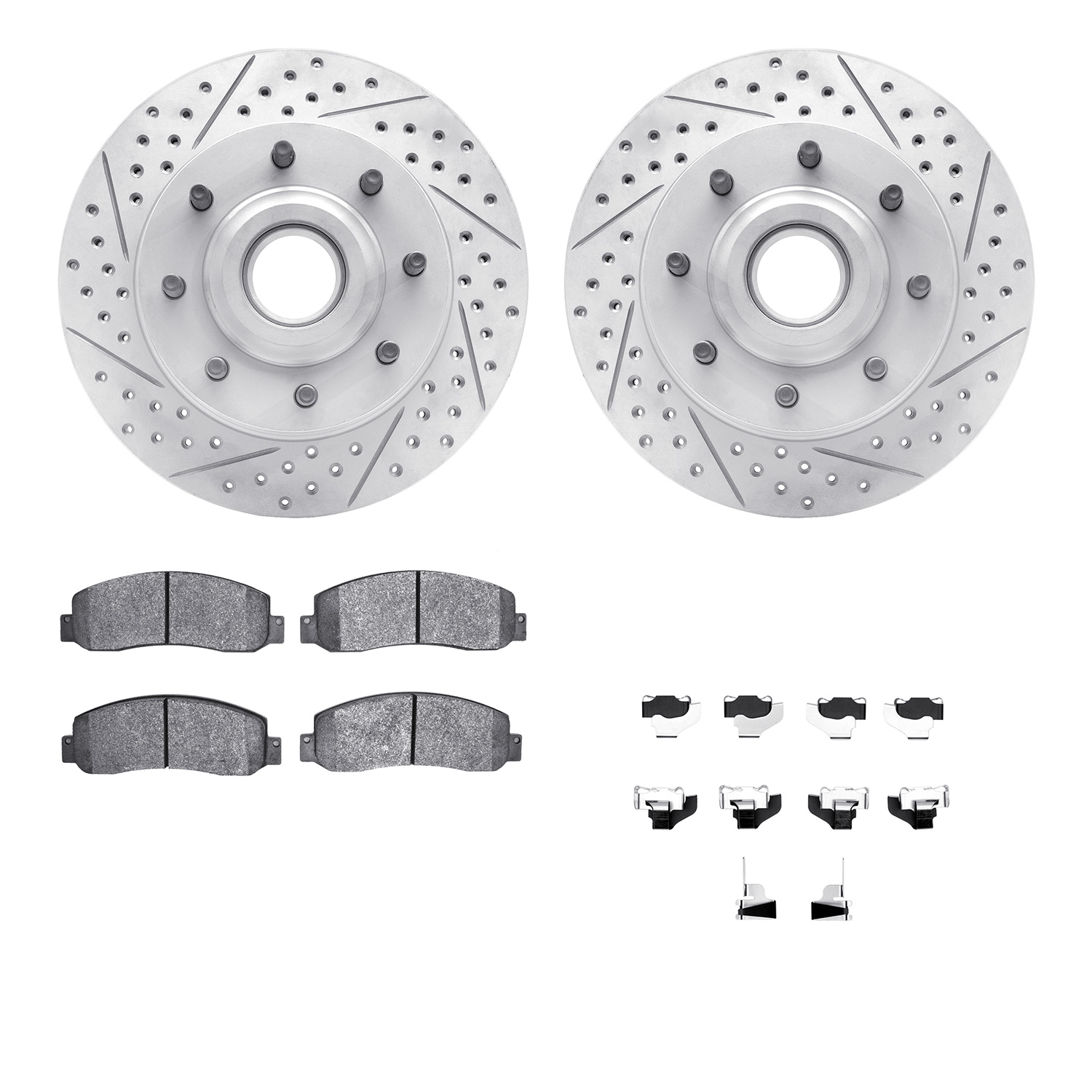 2212-99168 Geoperformance Drilled/Slotted Rotors w/Heavy-Duty Pads Kit & Hardware, 2006-2012 Ford/Lincoln/Mercury/Mazda, Positio