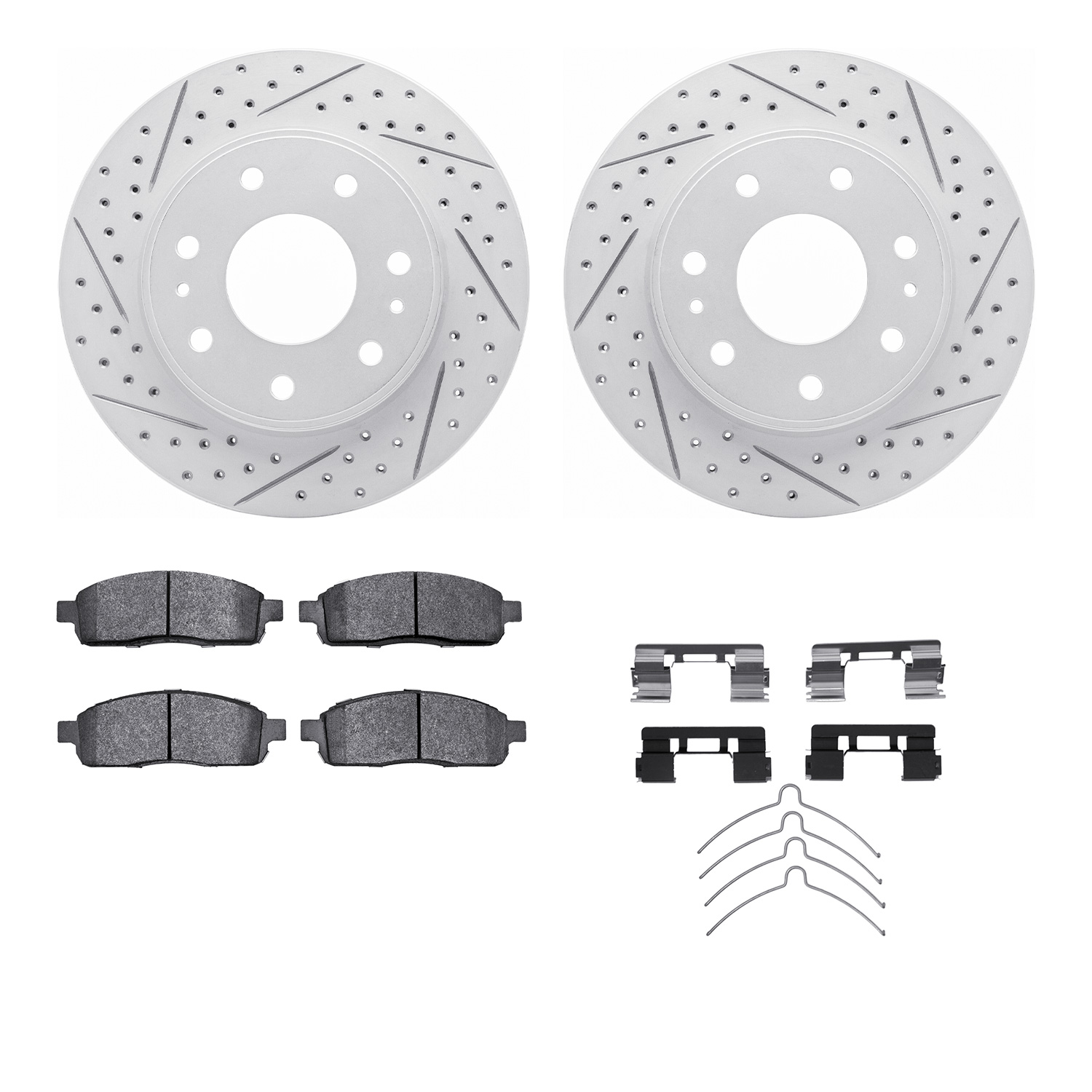 2212-99177 Geoperformance Drilled/Slotted Rotors w/Heavy-Duty Pads Kit & Hardware, 2009-2009 Ford/Lincoln/Mercury/Mazda, Positio
