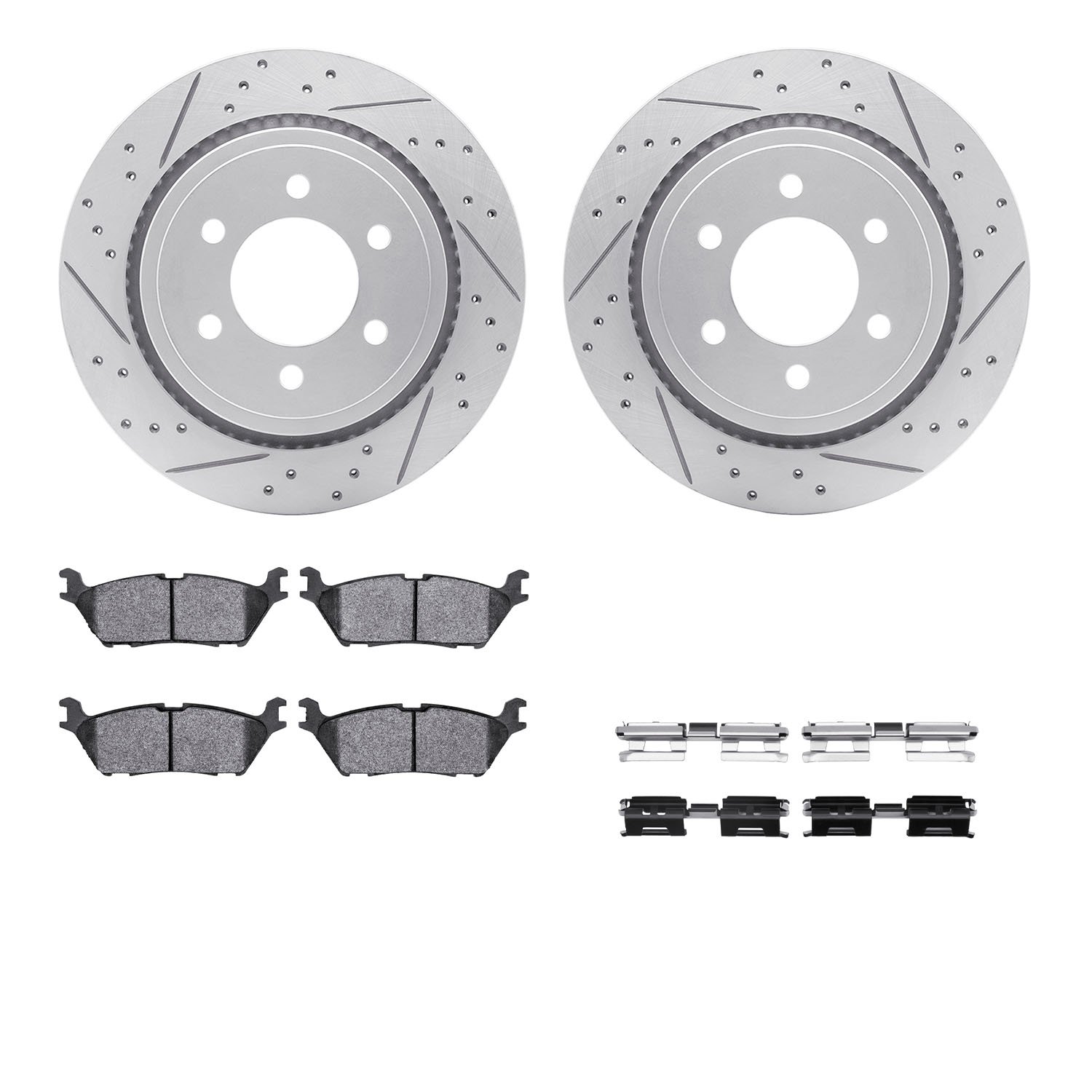 2212-99196 Geoperformance Drilled/Slotted Rotors w/Heavy-Duty Pads Kit & Hardware, 2015-2017 Ford/Lincoln/Mercury/Mazda, Positio