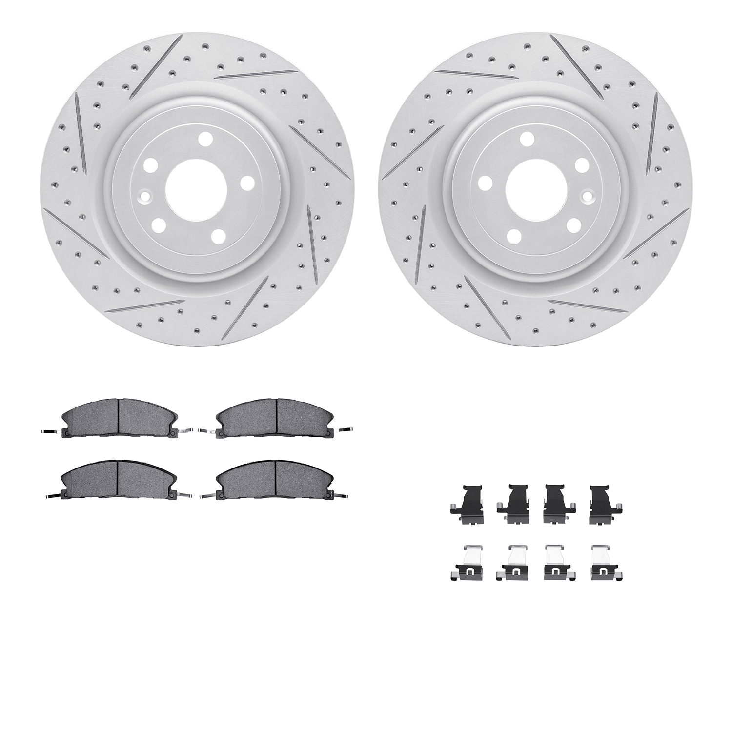 2212-99211 Geoperformance Drilled/Slotted Rotors w/Heavy-Duty Pads Kit & Hardware, 2013-2019 Ford/Lincoln/Mercury/Mazda, Positio