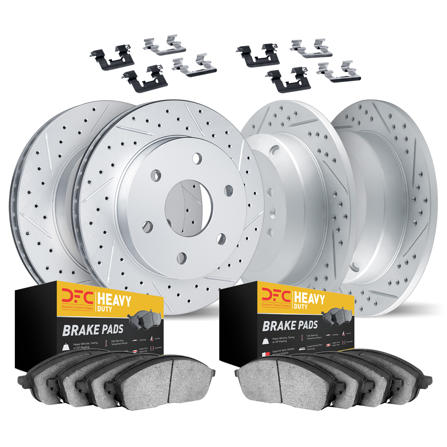 2214-40053 Geoperformance Drilled/Slotted Rotors w/Heavy-Duty Pads Kit & Hardware, 2007-2017 Multiple Makes/Models, Position: Fr