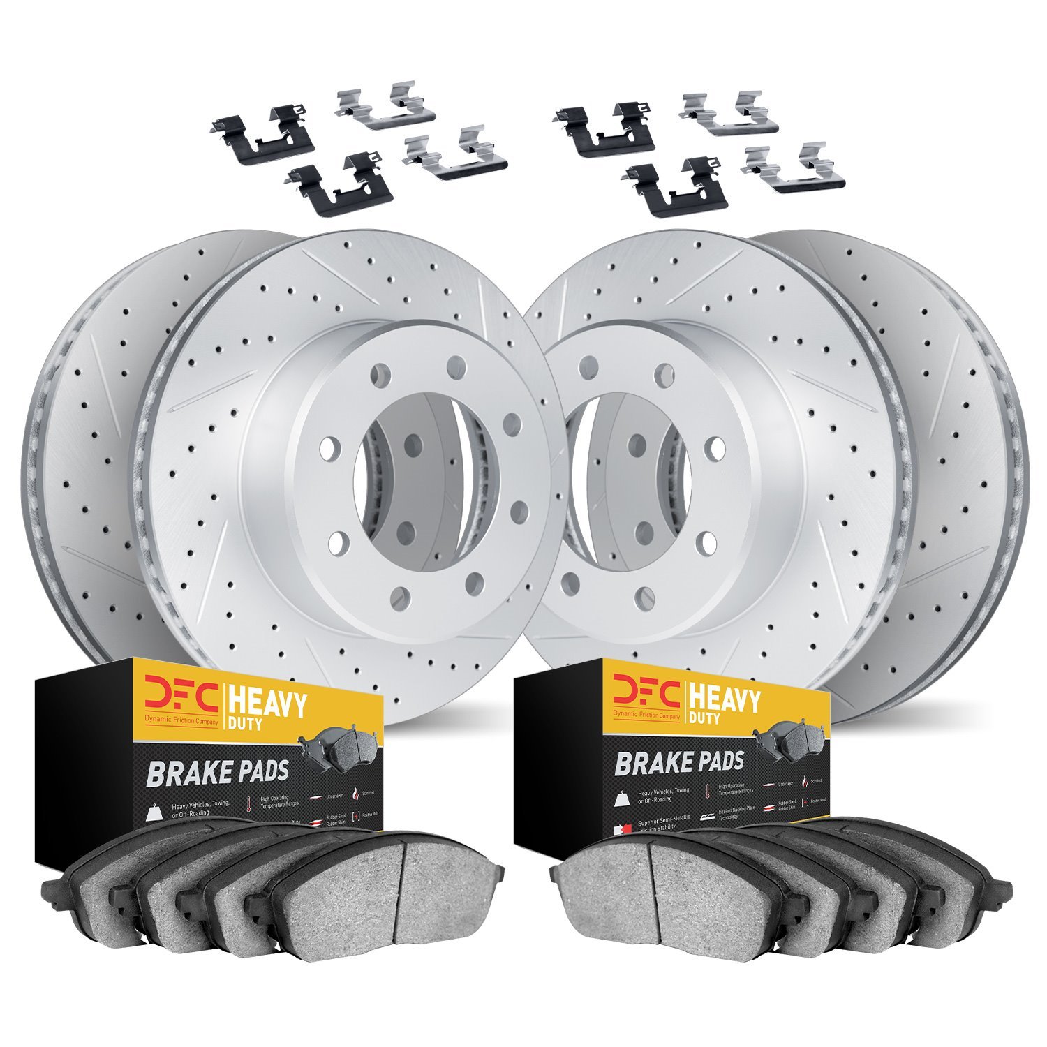 2214-48088 Geoperformance Drilled/Slotted Rotors w/Heavy-Duty Pads Kit & Hardware, 2011-2019 GM, Position: Front and Rear