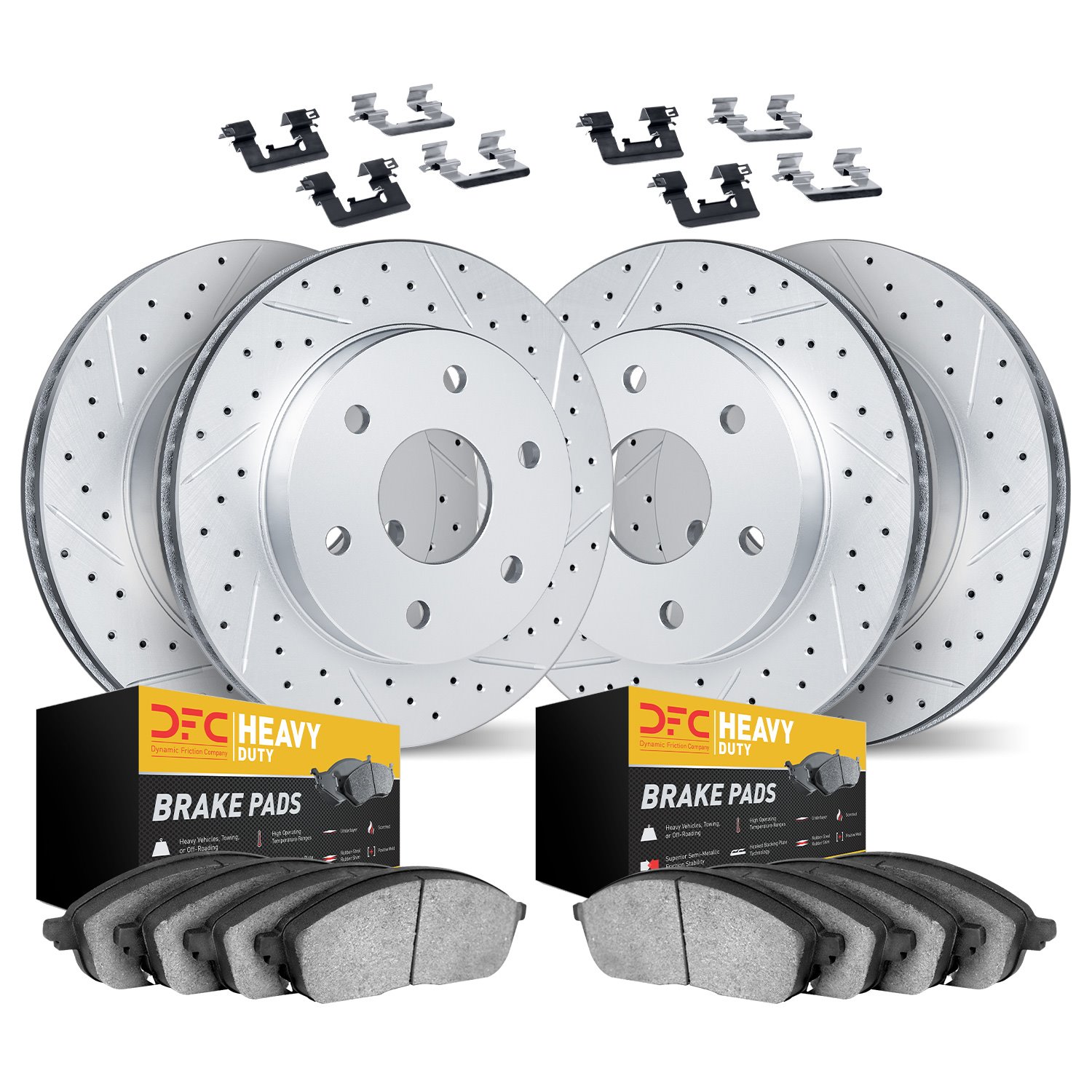 2214-48118 Geoperformance Drilled/Slotted Rotors w/Heavy-Duty Pads Kit & Hardware, 2014-2020 GM, Position: Front and Rear