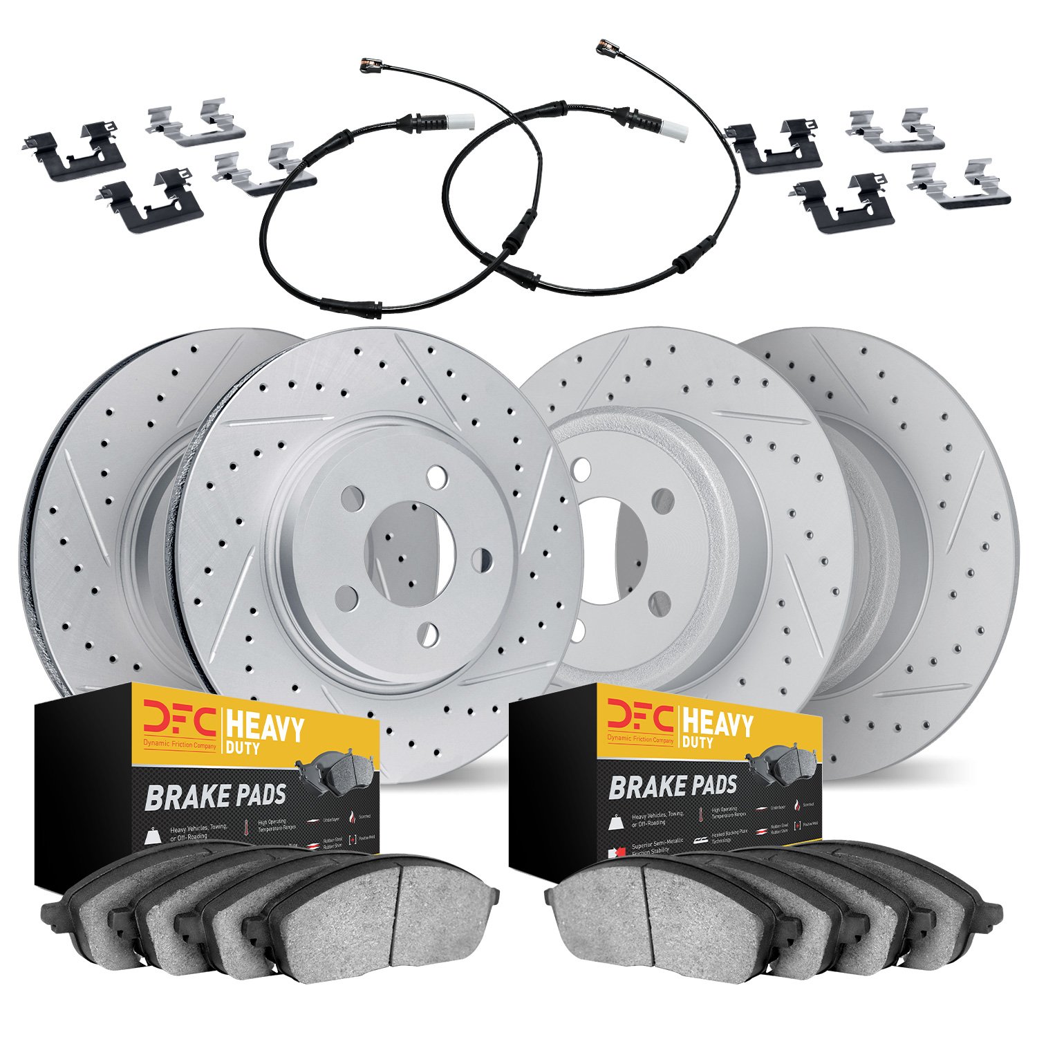 2224-40003 Geoperformance Drilled/Slotted Rotors w/Heavy-Duty Pads/Sensor & Hardware Kit, 2003-2006 Mopar, Position: Front and R