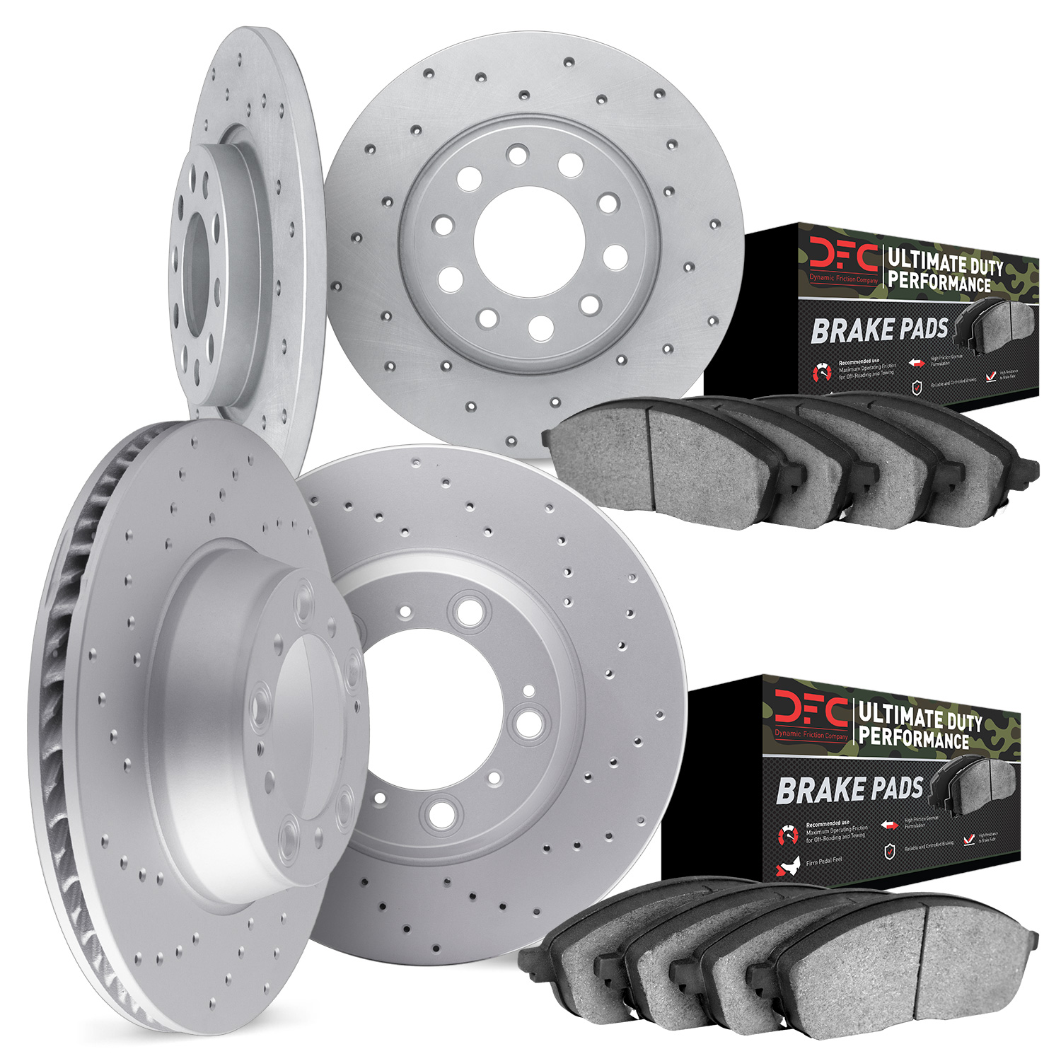 2404-42000 Geoperformance Drilled Brake Rotors with Ultimate-Duty Brake Pads Kit, 2005-2010 Mopar, Position: Front and Rear