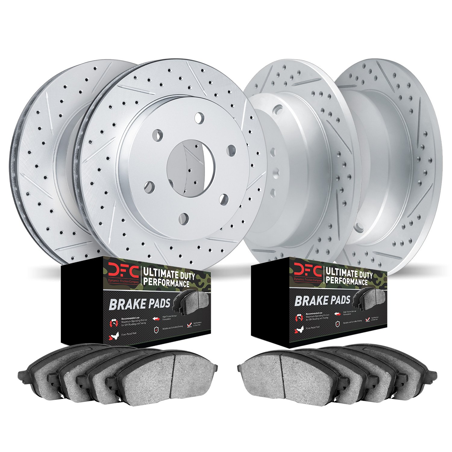 2404-67002 Geoperformance Drilled/Slotted Brake Rotors with Ultimate-Duty Brake Pads Kit, 2005-2007 Infiniti/Nissan, Position: F