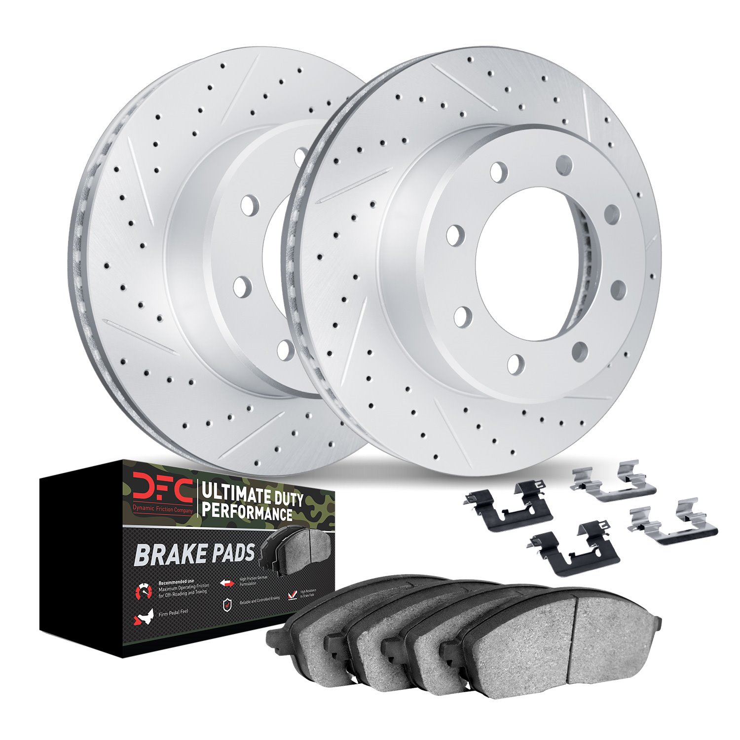 2412-40013 Geoperformance Drilled/Slotted Brake Rotors with Ultimate-Duty Brake Pads Kit & Hardware, 2003-2008 Mopar, Position: