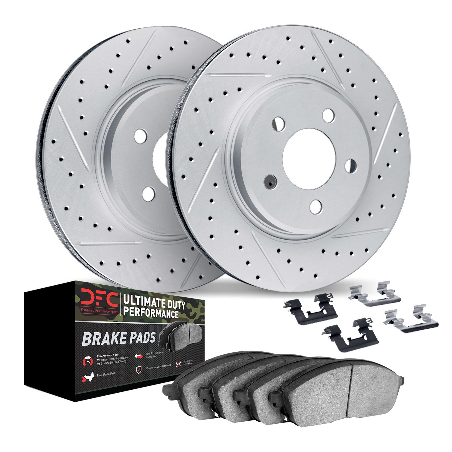 2412-40015 Geoperformance Drilled/Slotted Brake Rotors with Ultimate-Duty Brake Pads Kit & Hardware, 2005-2010 Multiple Makes/Mo