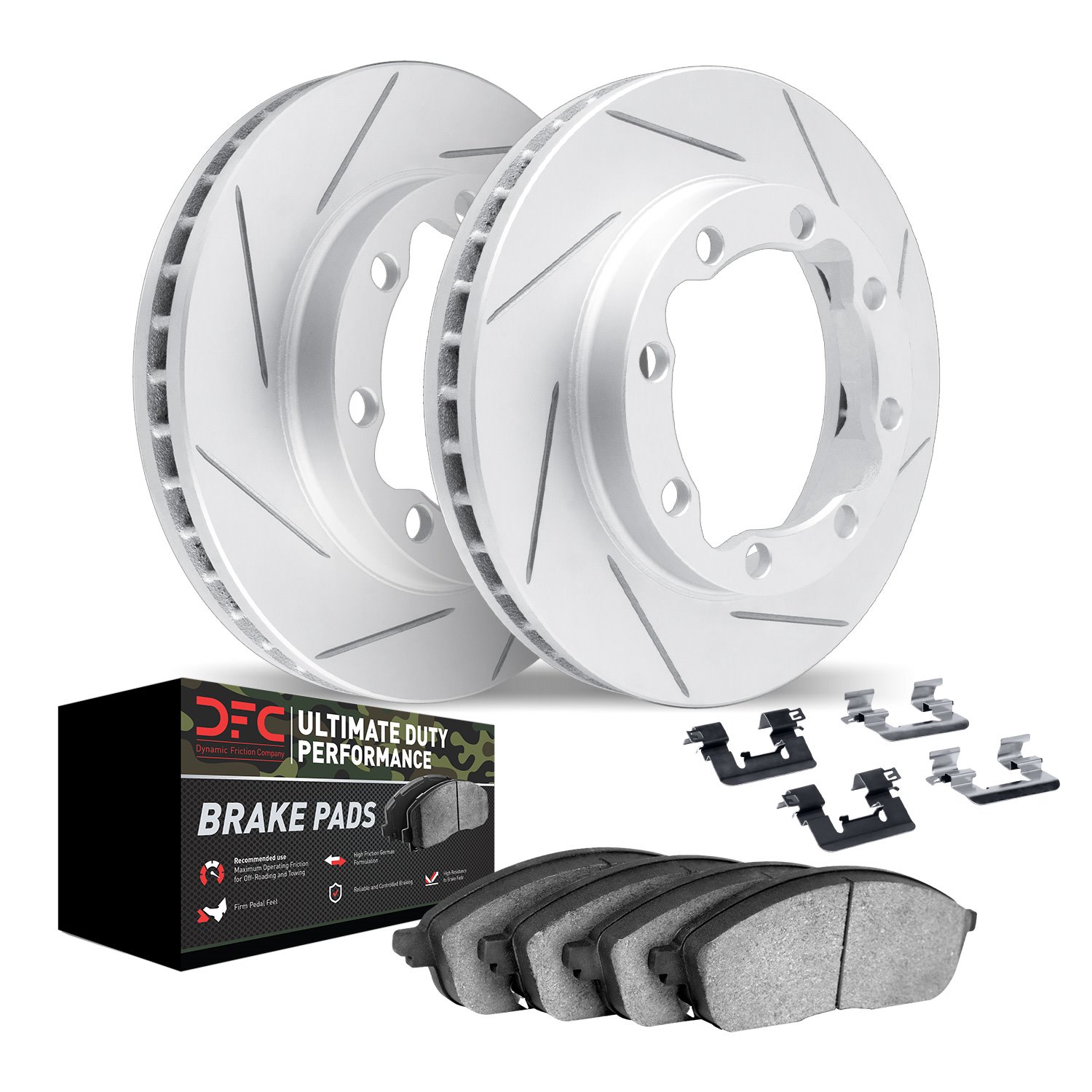2412-46000 Geoperformance Slotted Brake Rotors with Ultimate-Duty Brake Pads Kit & Hardware, 2006-2011 GM, Position: Front