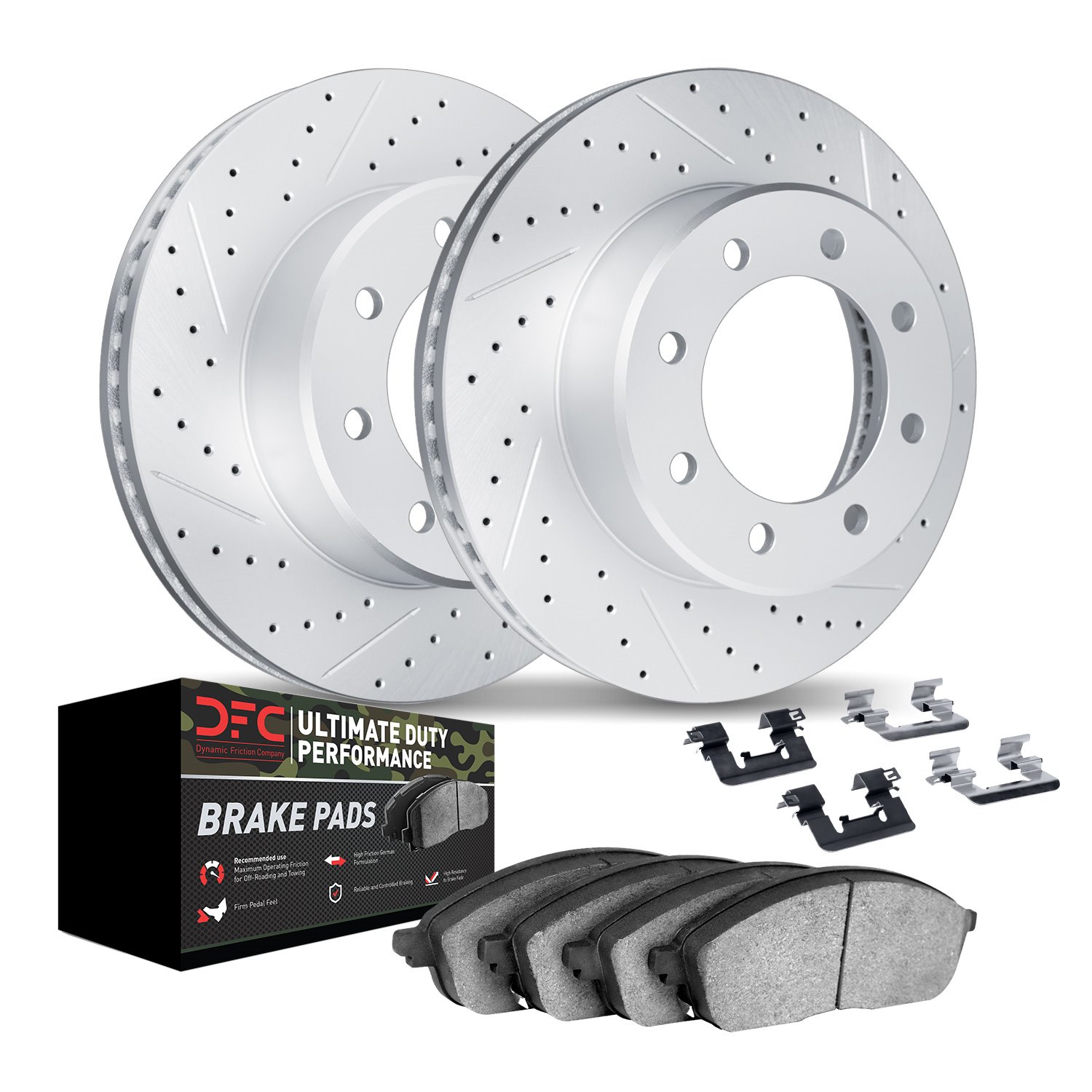 2412-48009 Geoperformance Drilled/Slotted Brake Rotors with Ultimate-Duty Brake Pads Kit & Hardware, 1992-2002 GM, Position: Fro