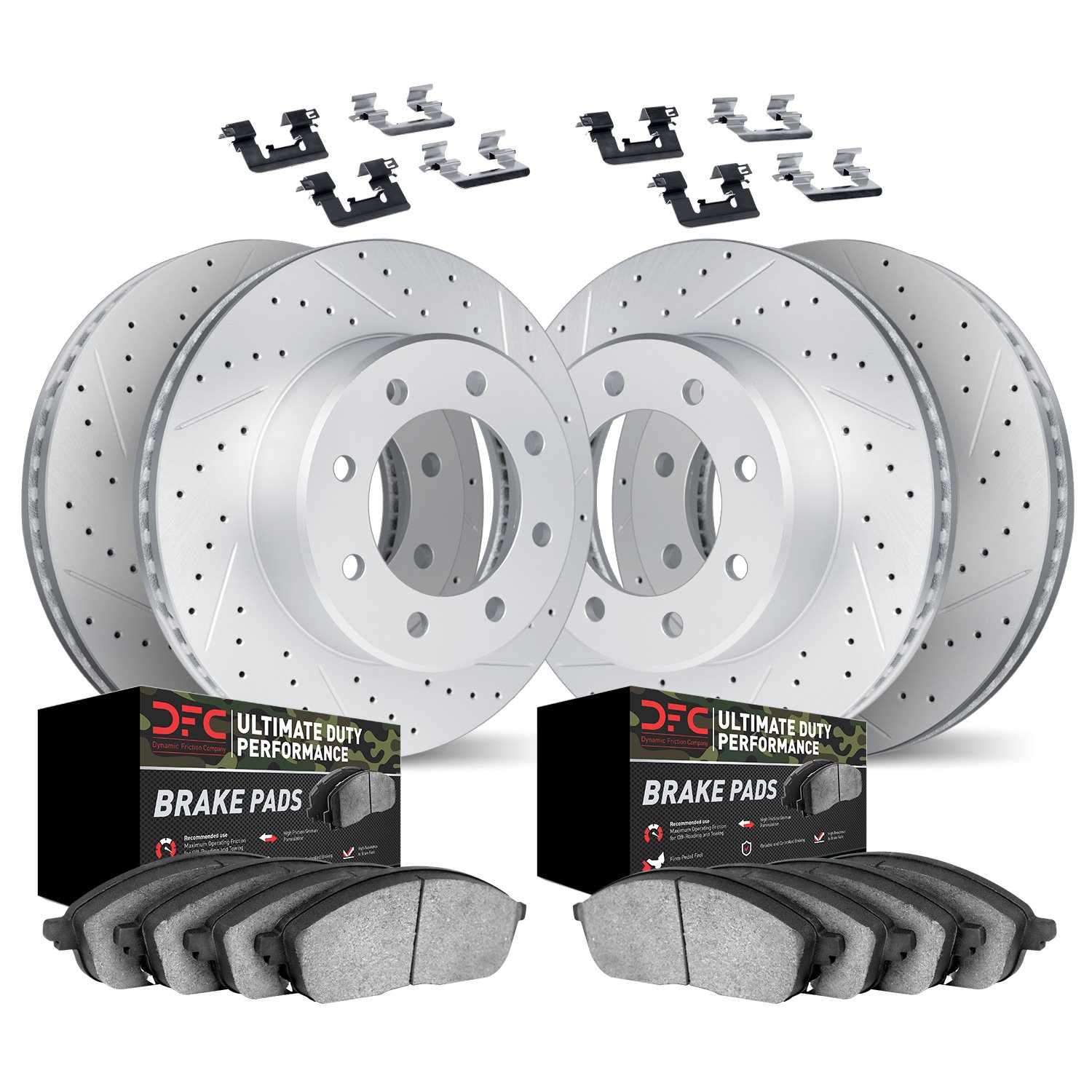 2414-40006 Geoperformance Drilled/Slotted Brake Rotors with Ultimate-Duty Brake Pads Kit & Hardware, 2009-2018 Mopar, Position: