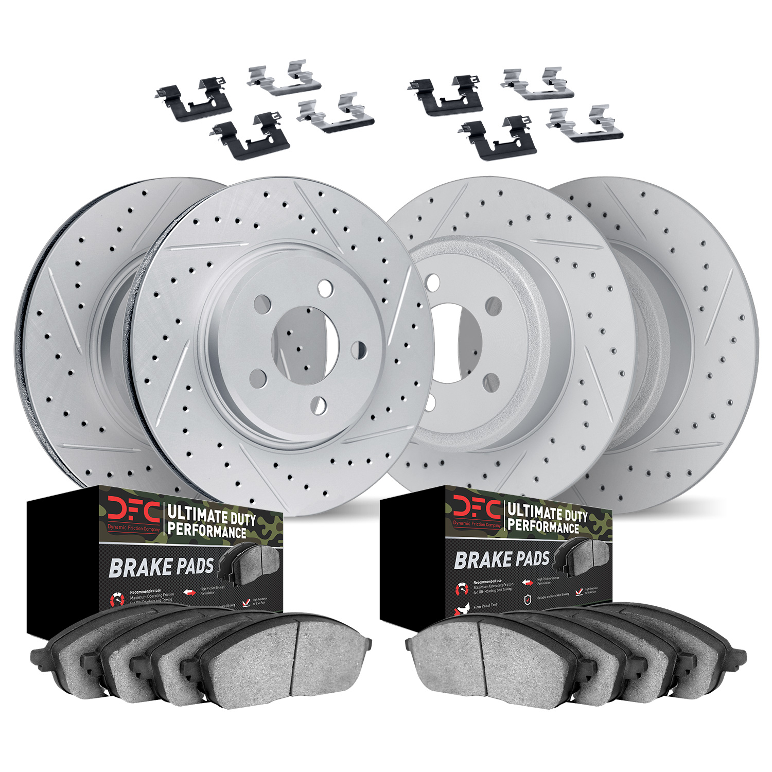 2414-42015 Geoperformance Drilled/Slotted Brake Rotors with Ultimate-Duty Brake Pads Kit & Hardware, 2003-2006 Mopar, Position: