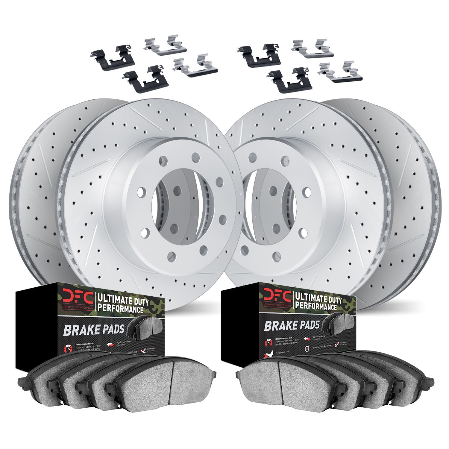 2414-48011 Geoperformance Drilled/Slotted Brake Rotors with Ultimate-Duty Brake Pads Kit & Hardware, 2001-2010 GM, Position: Fro