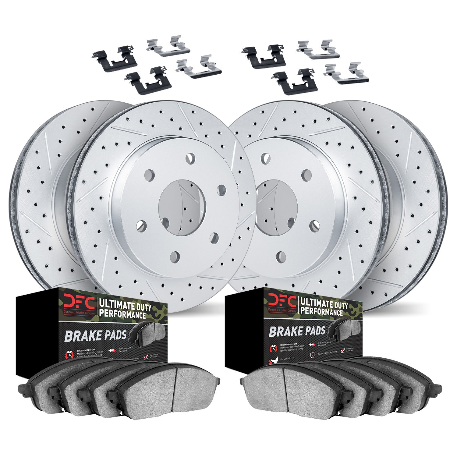 2414-48012 Geoperformance Drilled/Slotted Brake Rotors with Ultimate-Duty Brake Pads Kit & Hardware, 2007-2008 GM, Position: Fro