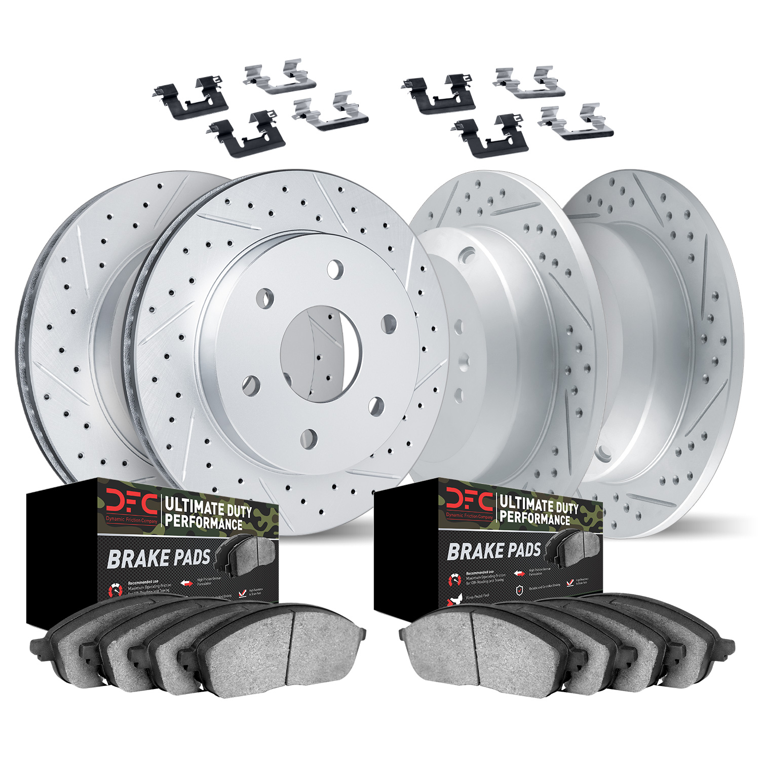 2414-67004 Geoperformance Drilled/Slotted Brake Rotors with Ultimate-Duty Brake Pads Kit & Hardware, 2007-2015 Infiniti/Nissan,