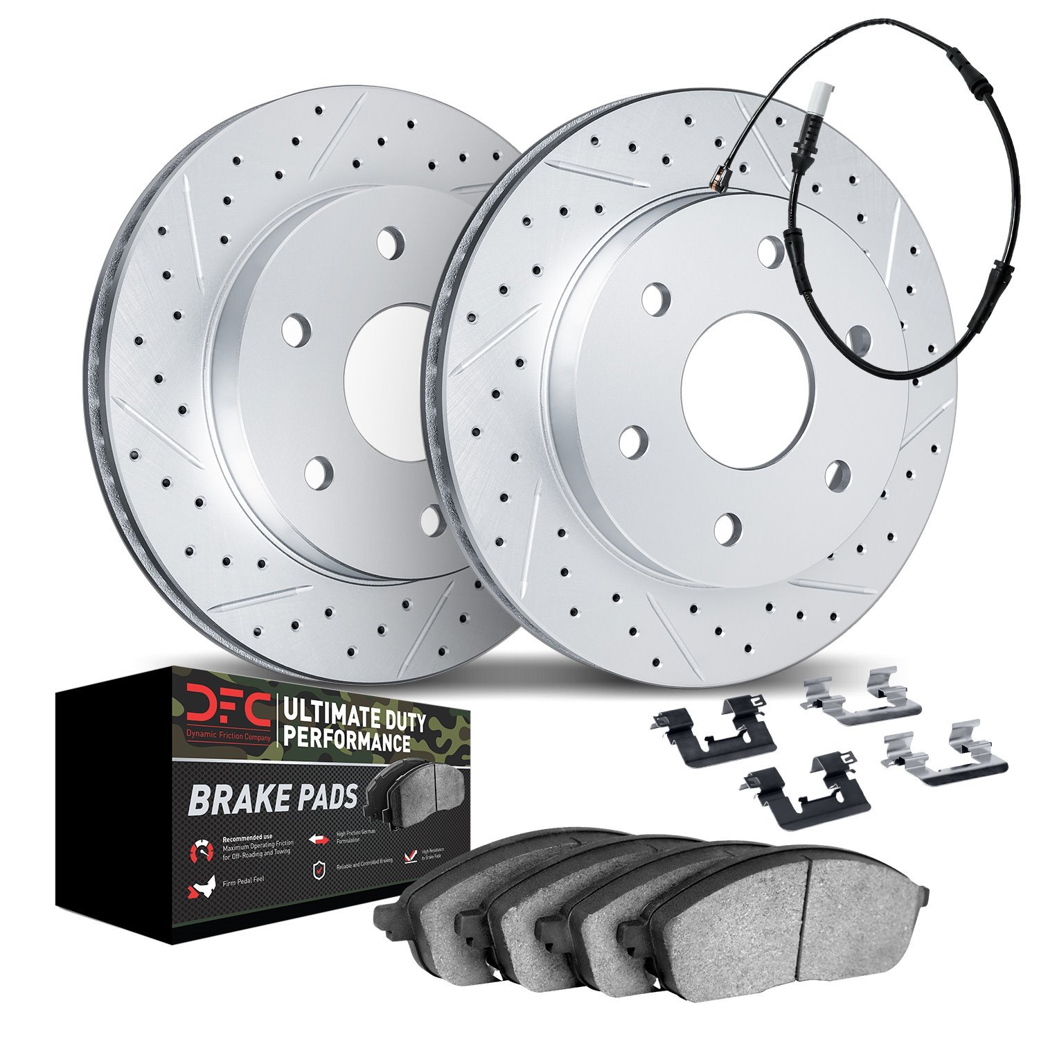 2422-47002 Geoperformance Drilled/Slotted Brake Rotors with Ultimate-Duty Brake Pads/Sensor & Hardware Kit, Fits Select GM, Posi