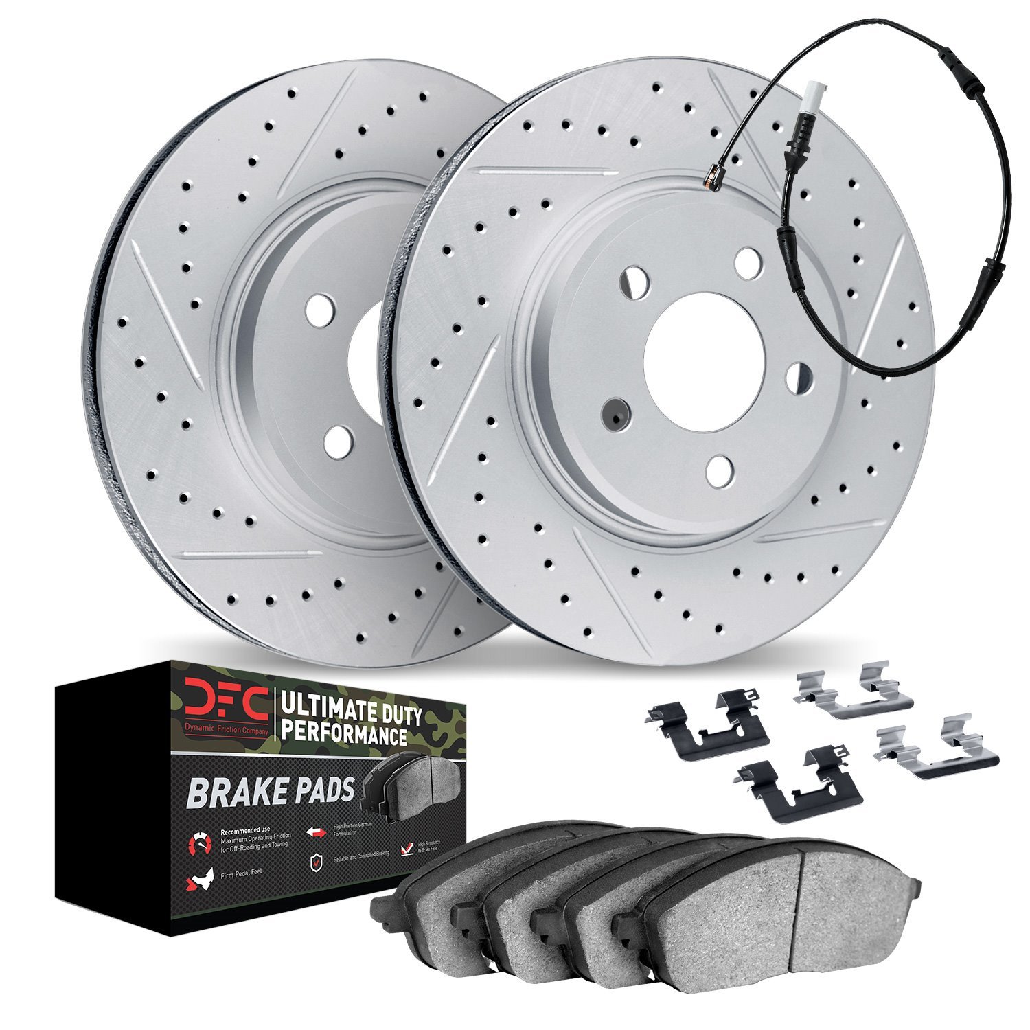 2422-63002 Geoperformance Drilled/Slotted Brake Rotors with Ultimate-Duty Brake Pads/Sensor & Hardware Kit, 2013-2019 Mercedes-B