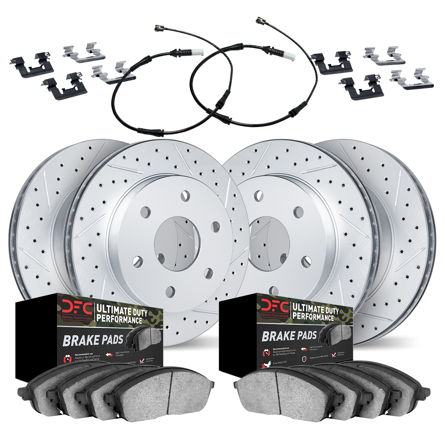 2424-47001 Geoperformance Drilled/Slotted Brake Rotors with Ultimate-Duty Brake Pads/Sensor & Hardware Kit, Fits Select GM, Posi