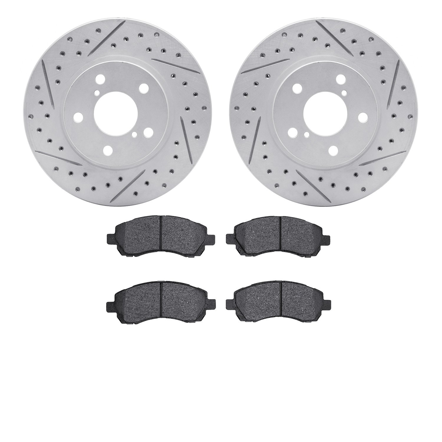 2502-13001 Geoperformance Drilled/Slotted Rotors w/5000 Advanced Brake Pads Kit, 1997-2001 Subaru, Position: Front