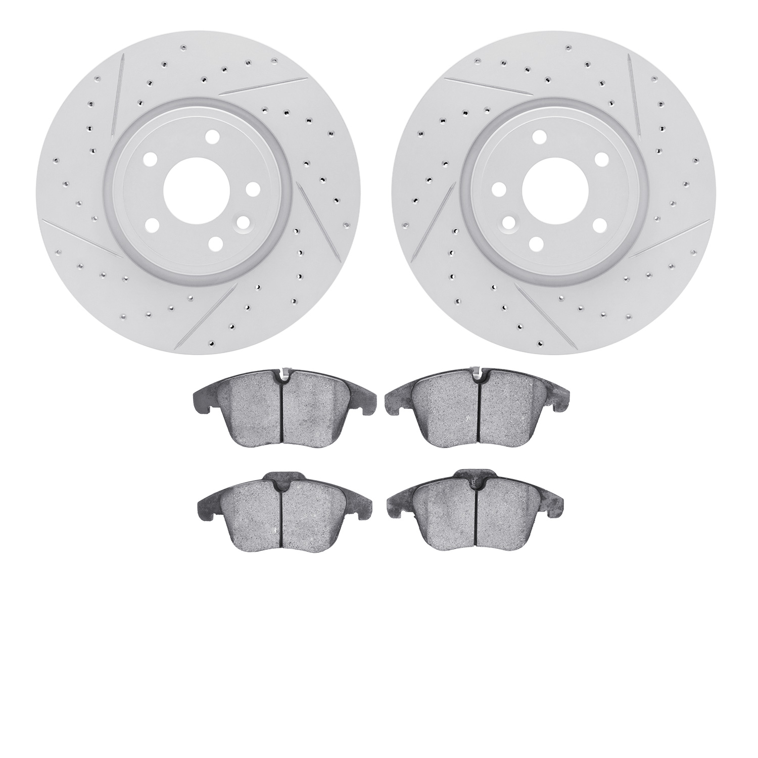 2502-20042 Geoperformance Drilled/Slotted Rotors w/5000 Advanced Brake Pads Kit, 2017-2019 Jaguar, Position: Front