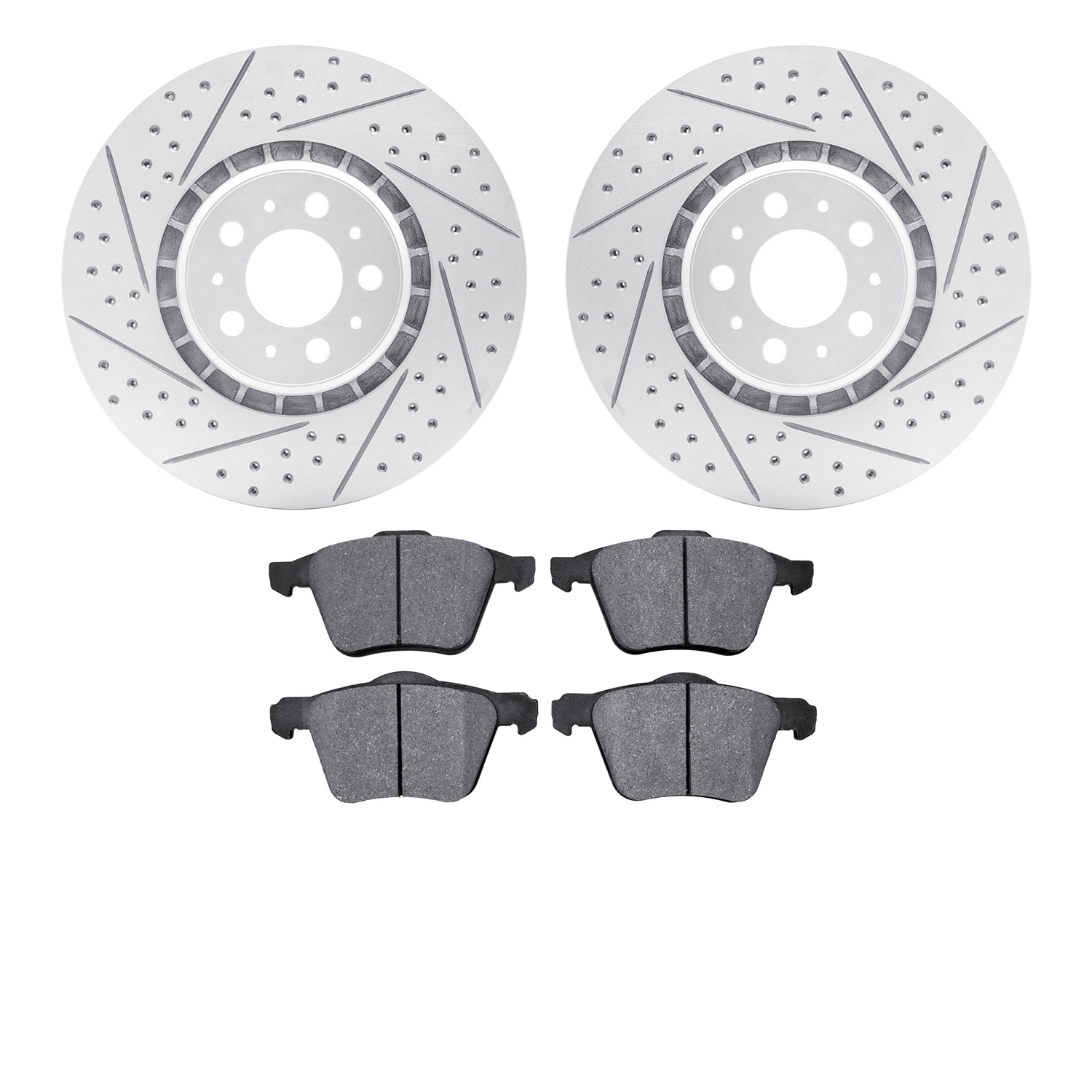 2502-27032 Geoperformance Drilled/Slotted Rotors w/5000 Advanced Brake Pads Kit, 2003-2009 Volvo, Position: Front