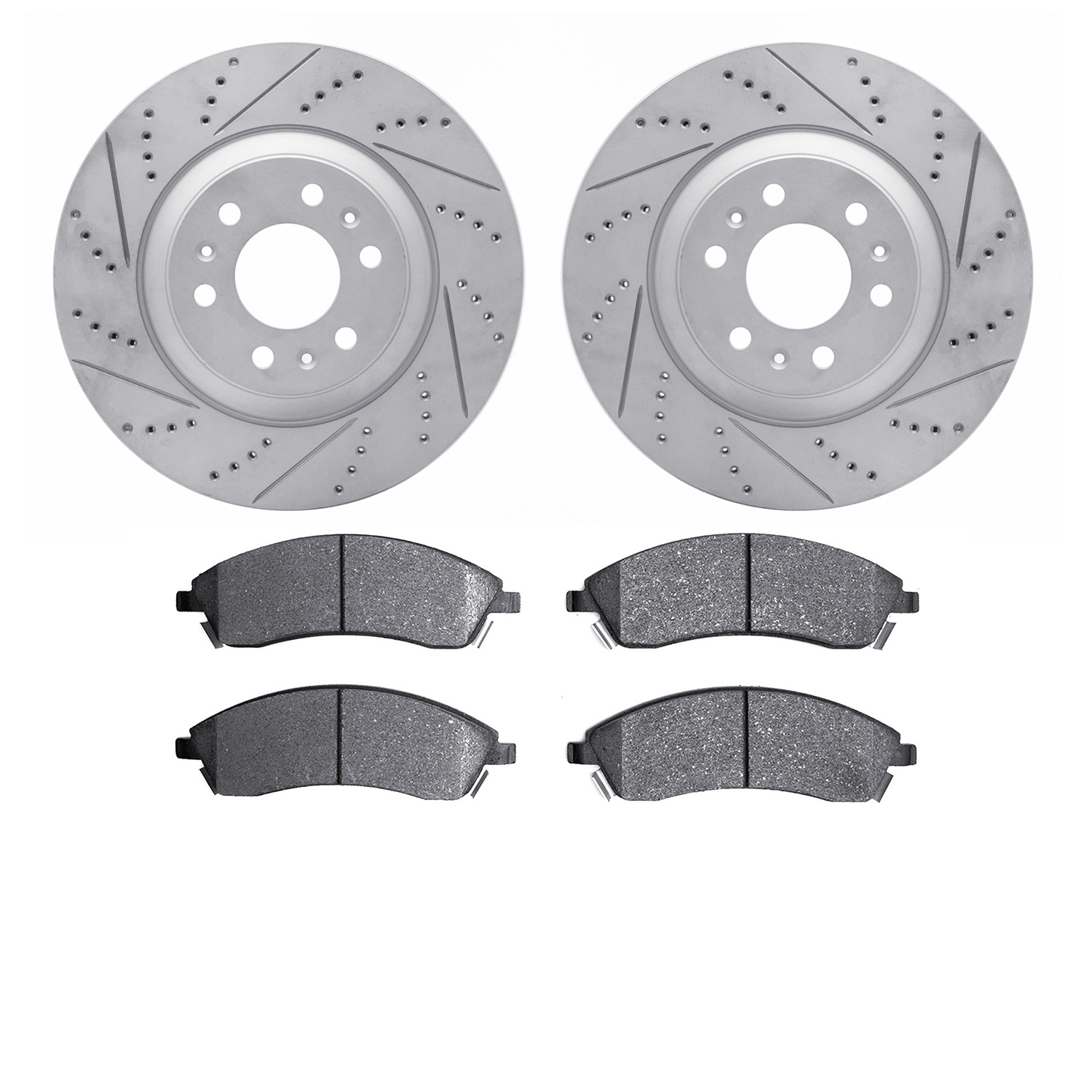 2502-46064 Geoperformance Drilled/Slotted Rotors w/5000 Advanced Brake Pads Kit, 2004-2009 GM, Position: Front
