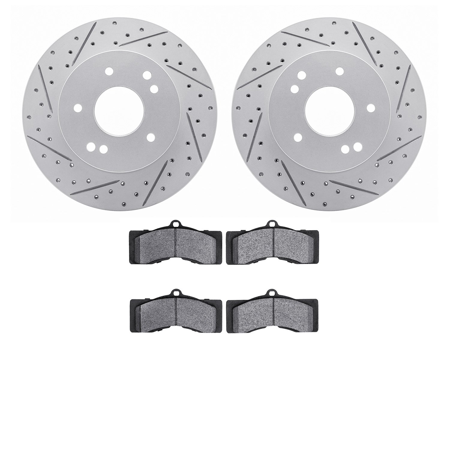 2502-47003 Geoperformance Drilled/Slotted Rotors w/5000 Advanced Brake Pads Kit, 1963-1982 GM, Position: Front, Rear