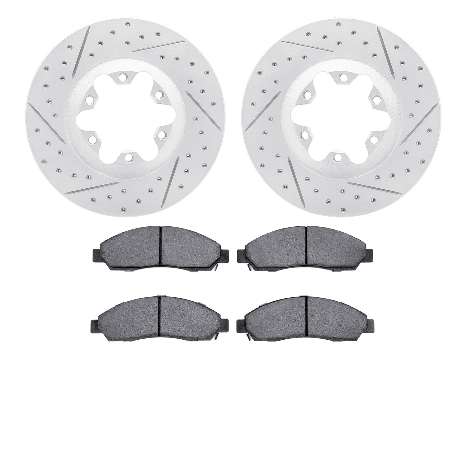 2502-48056 Geoperformance Drilled/Slotted Rotors w/5000 Advanced Brake Pads Kit, 2004-2008 GM, Position: Front