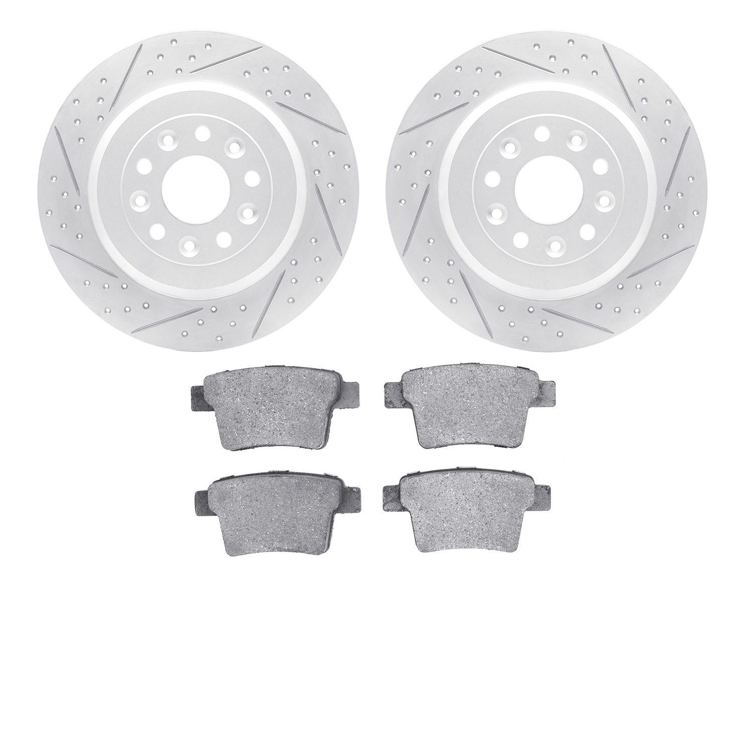 2502-54087 Geoperformance Drilled/Slotted Rotors w/5000 Advanced Brake Pads Kit, 2005-2009 Ford/Lincoln/Mercury/Mazda, Position: