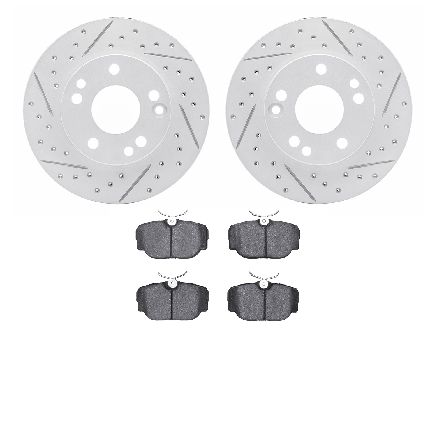 2502-63005 Geoperformance Drilled/Slotted Rotors w/5000 Advanced Brake Pads Kit, 1987-1993 Mercedes-Benz, Position: Front