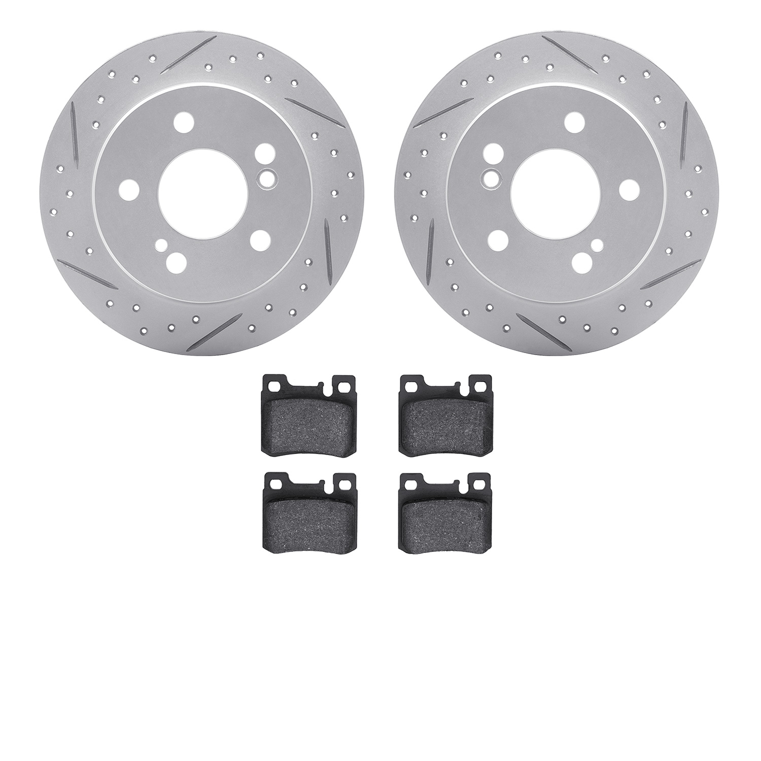 2502-63009 Geoperformance Drilled/Slotted Rotors w/5000 Advanced Brake Pads Kit, 1986-1993 Mercedes-Benz, Position: Rear