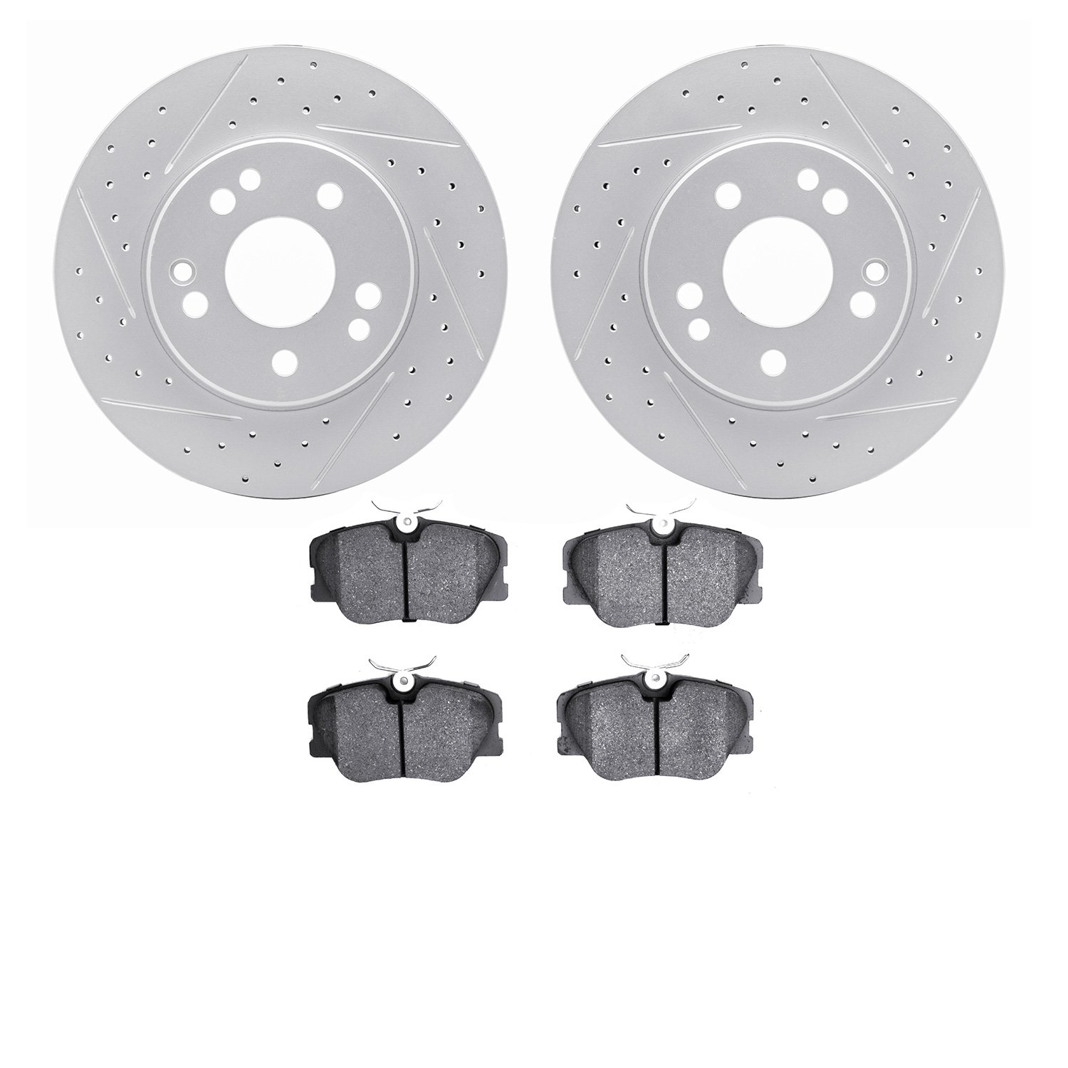 2502-63010 Geoperformance Drilled/Slotted Rotors w/5000 Advanced Brake Pads Kit, 1984-1995 Mercedes-Benz, Position: Front