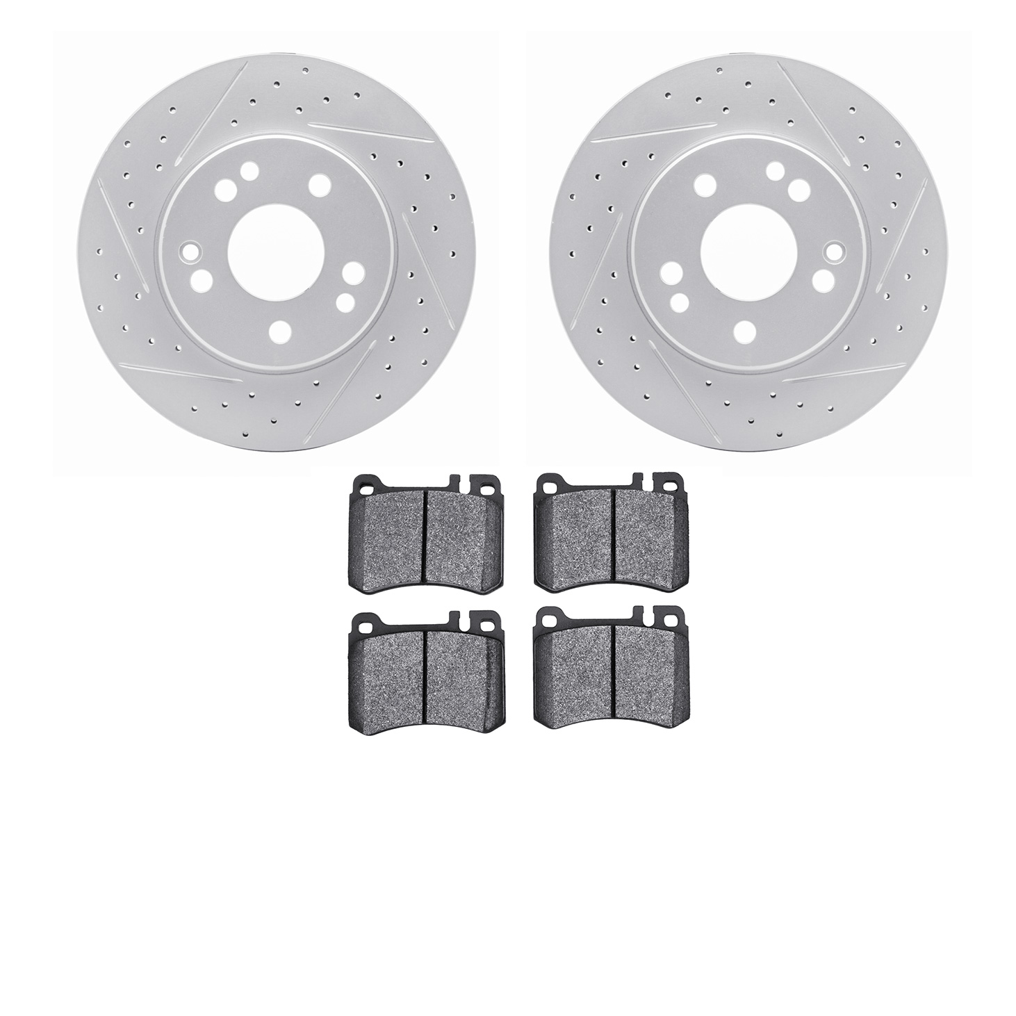 2502-63011 Geoperformance Drilled/Slotted Rotors w/5000 Advanced Brake Pads Kit, 1986-1989 Mercedes-Benz, Position: Front